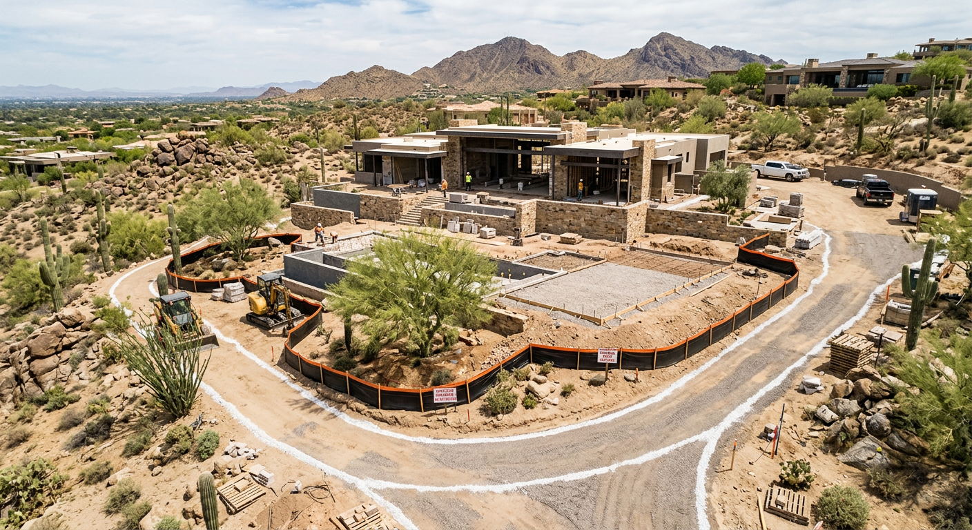 Photorealistic aerial view of a Paradise Valley custom home site plan in progress, showing protected mature desert trees w...