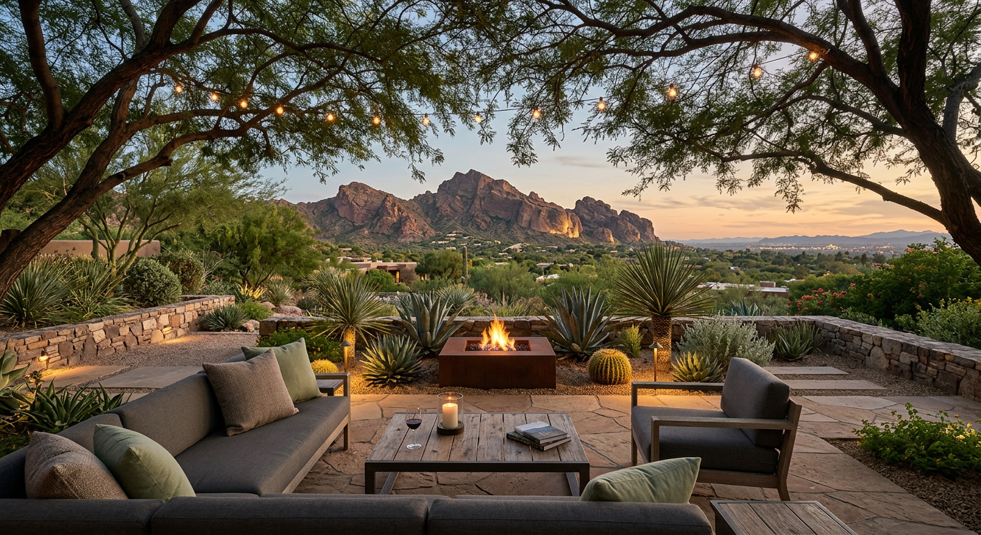 Photorealistic finished Paradise Valley outdoor living space beneath preserved mature mesquite trees, with a contemporary ...