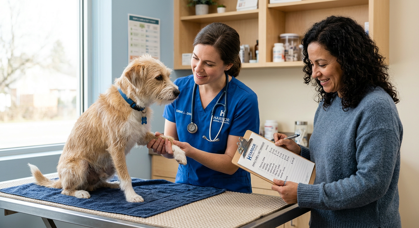 Photorealistic close-up of a veterinarian gently examining a calm mixed-breed dog while the owner reviews a simple care-co...