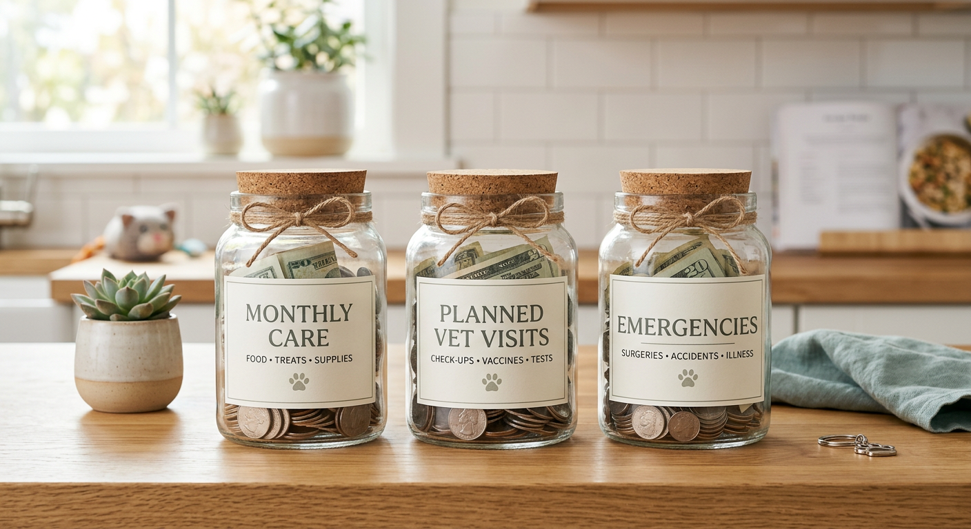 Clean modern illustration of three labeled budget jars arranged on a countertop, one for monthly care, one for planned vet...
