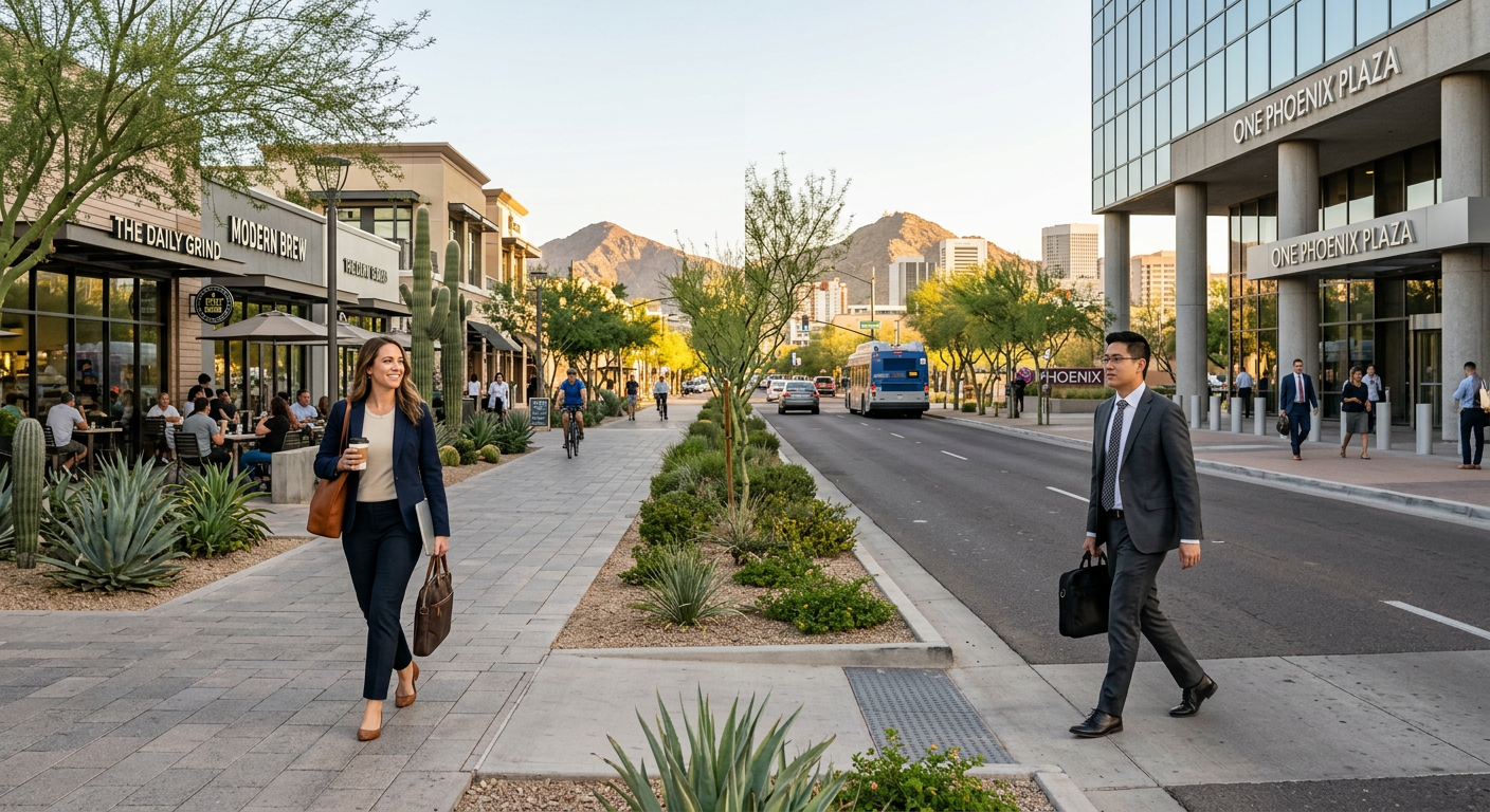 Photorealistic street-level scene split naturally between a South Scottsdale professional walking near modern cafes and a ...