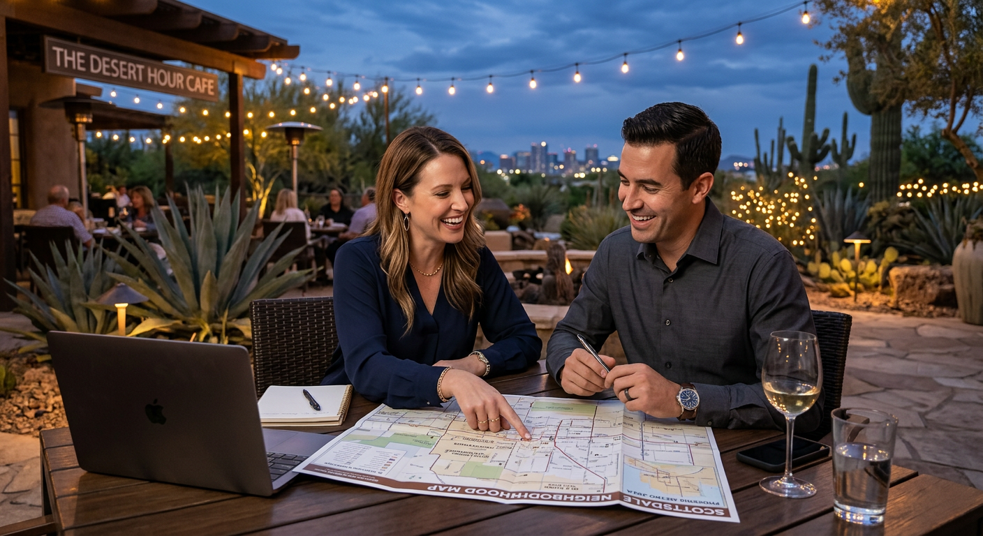 Photorealistic evening scene of a professional couple reviewing a neighborhood map at an outdoor Scottsdale cafe, with a l...