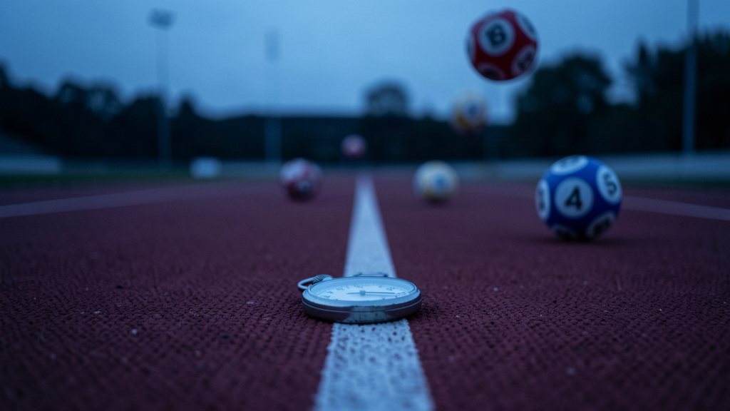 Pista di atletica al crepuscolo con cronometro e palline numerate: il nuovo gioco Win for Italia Team finanzia lo sport olimpico