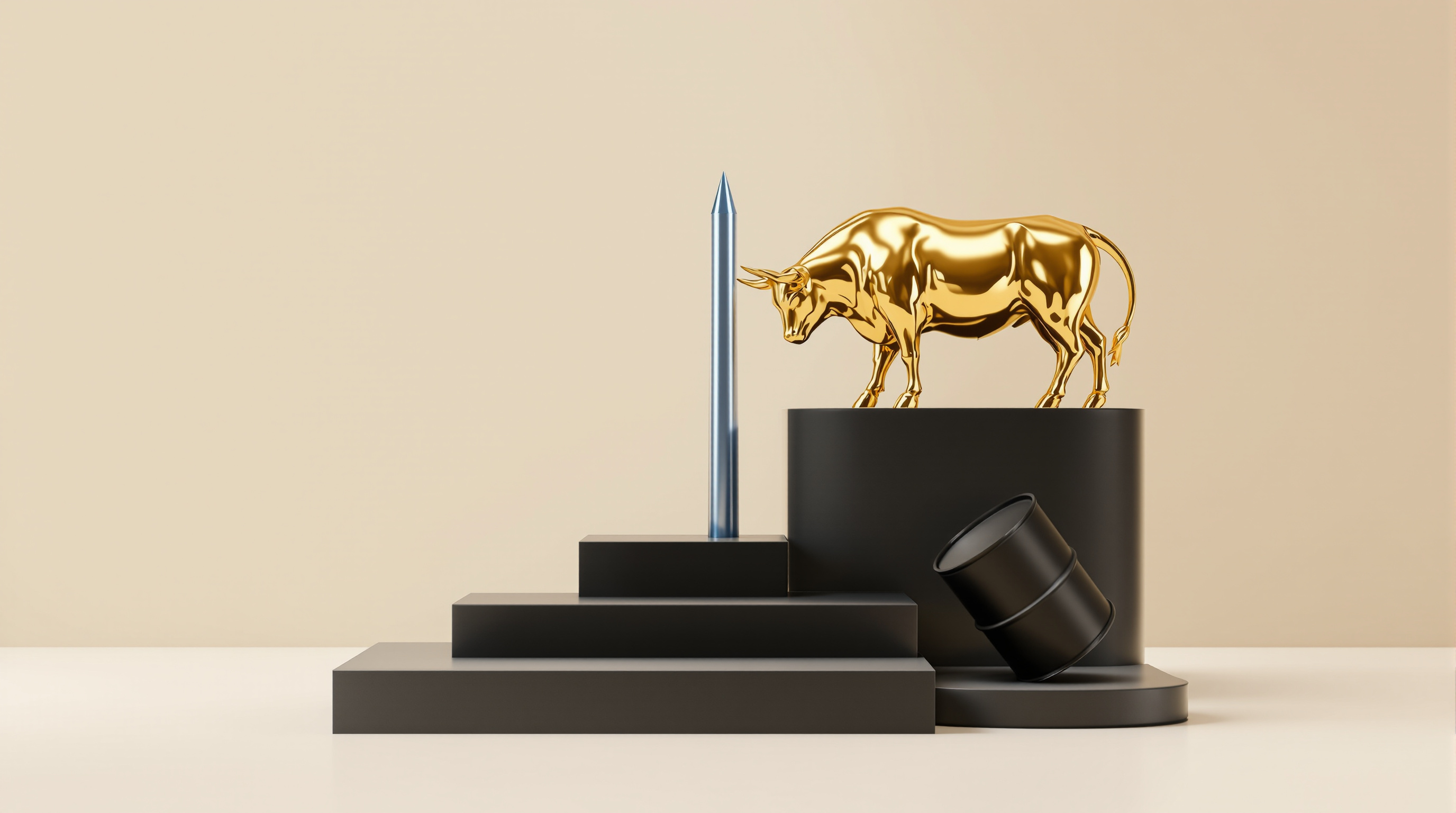 Polished gold bull sculpture on stepped matte-black platforms, a tilting matte-black oil barrel in the midground, and a tall silver-blue spire (abstra — editorial cover artwork for the Knightron story on Stocks Advance Despite Yield Surge As Oil Tumbles On Iran Te