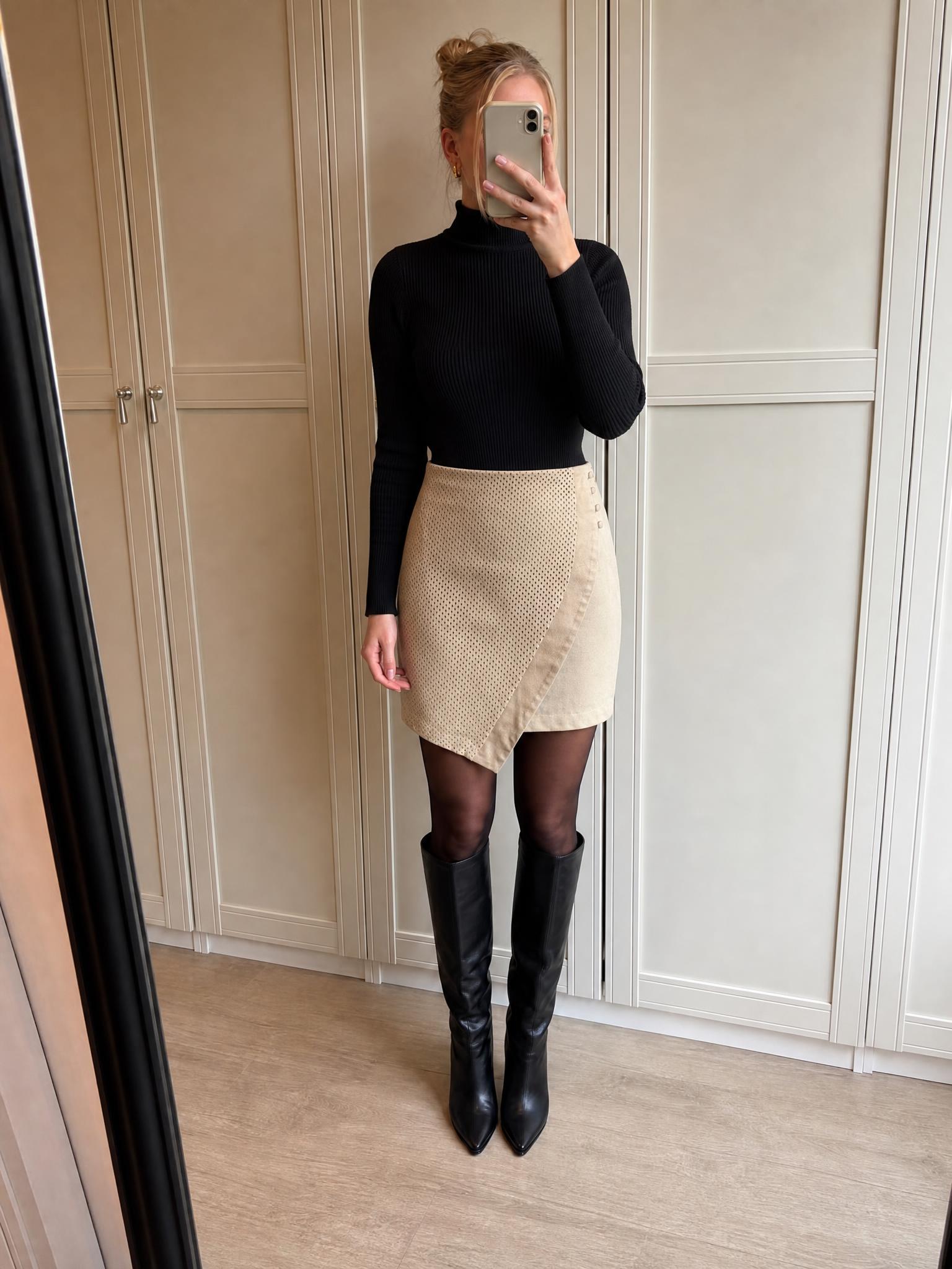 Beige perforated wrap mini skirt with button fastening