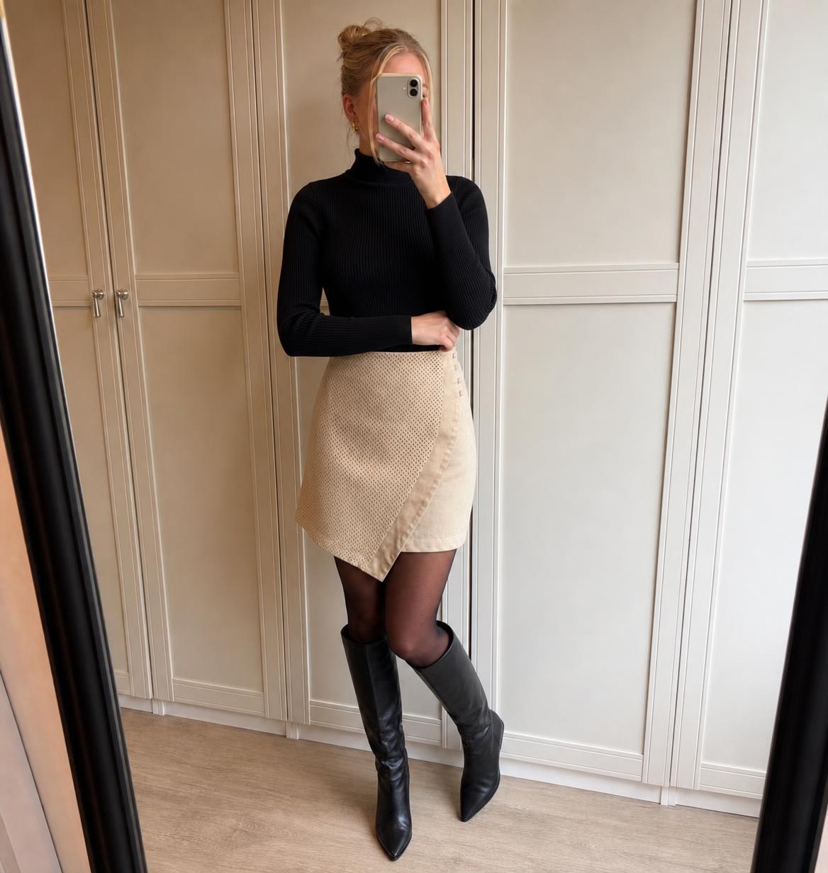 Cream Beige Asymmetric Wrap Mini Skirt with Side Buttons