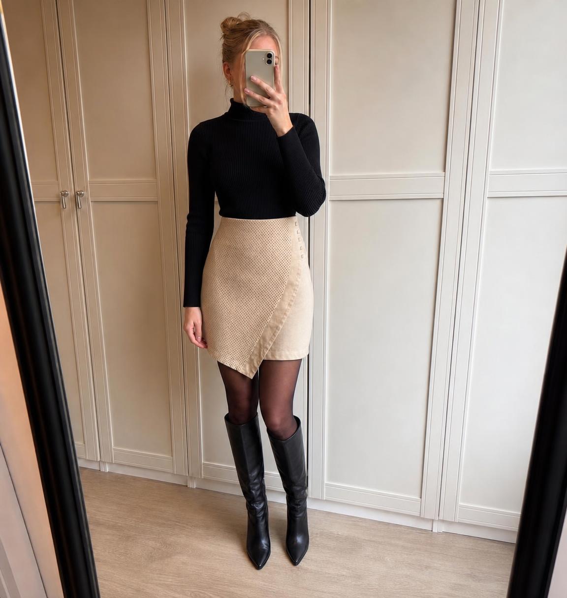 Beige asymmetric wrap mini skirt with textured panel