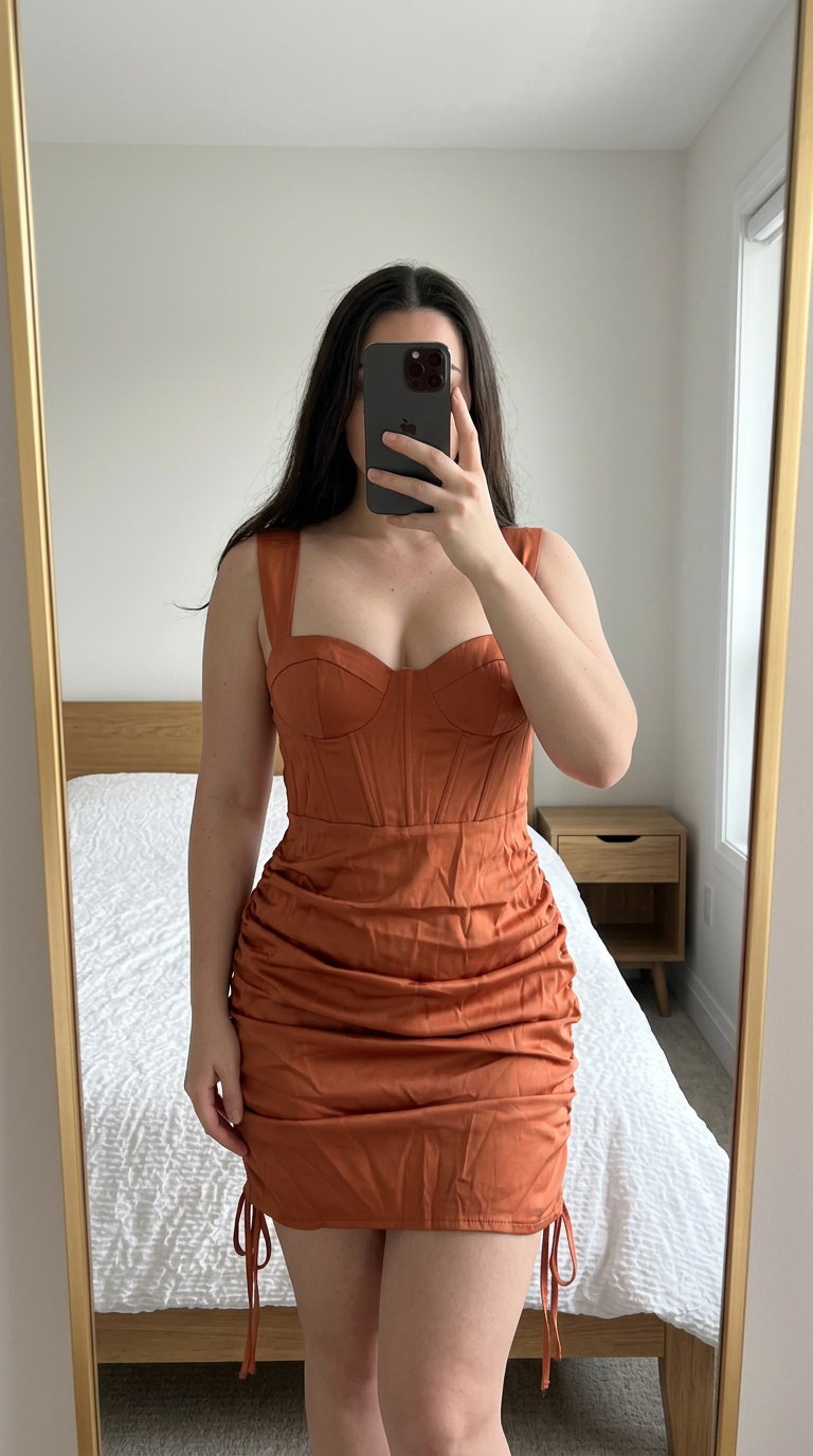 Burnt Orange Satin Corset Mini Dress with Ruched Skirt