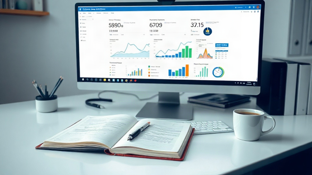 Tableau de bord SEO affiché sur un ordinateur, avec carnet et stylo sur le bureau