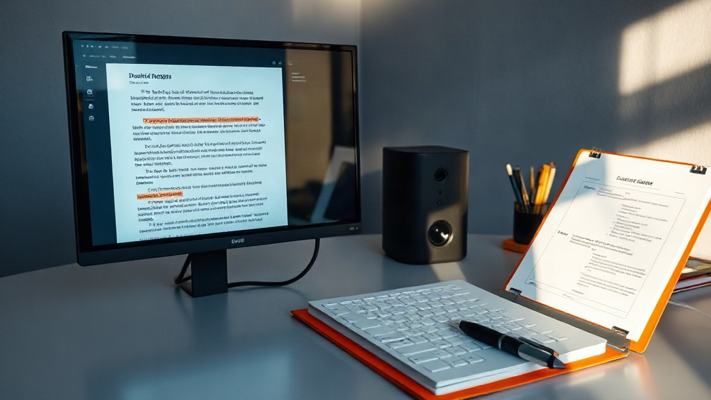 Écran avec brouillon d’article, plan manuscrit et sources imprimées sur un bureau