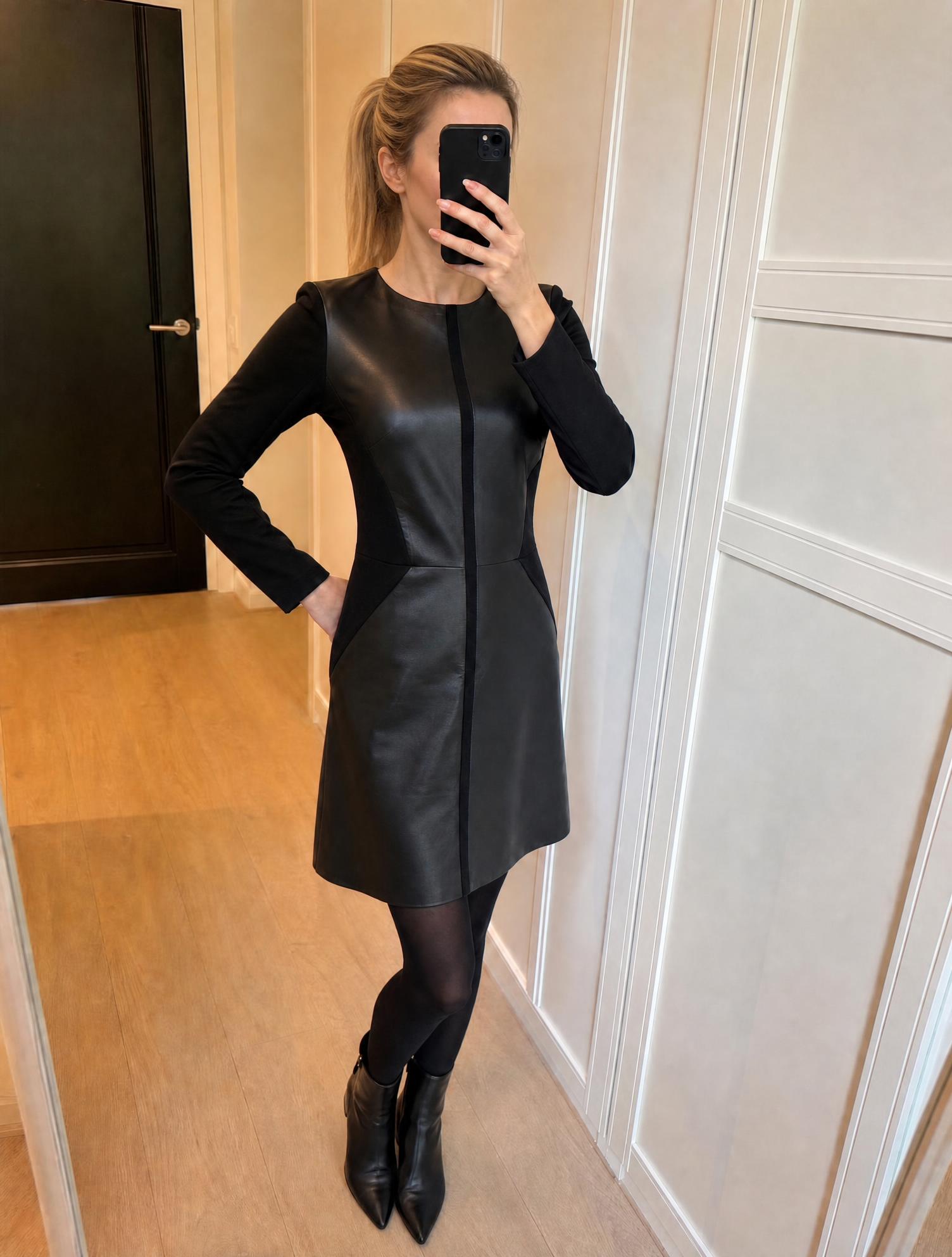 Black faux leather panel long sleeve fitted mini dress