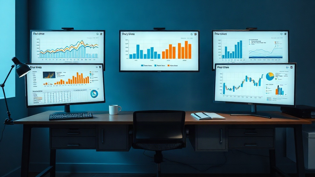 Bureau avec quatre écrans affichant des tableaux de bord SEO et des graphiques