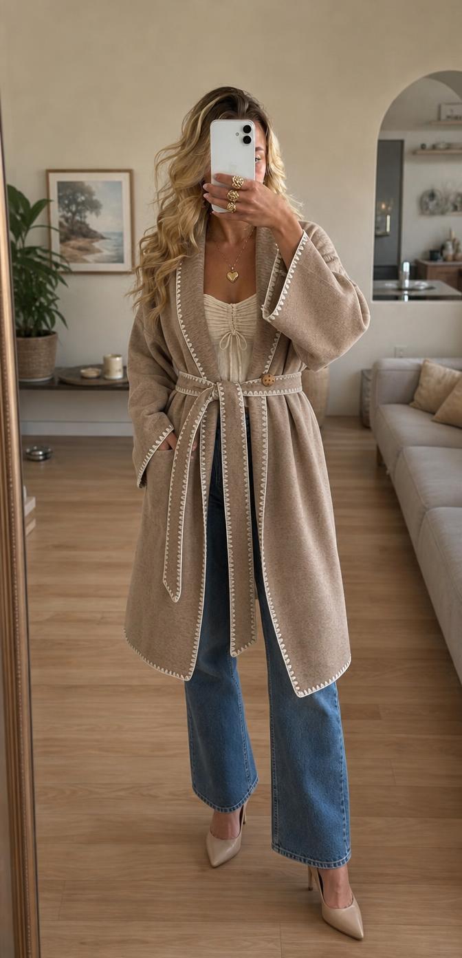 Reclaimed Vintage Taupe Wrap Coat with Blanket Stitch Trim NWT