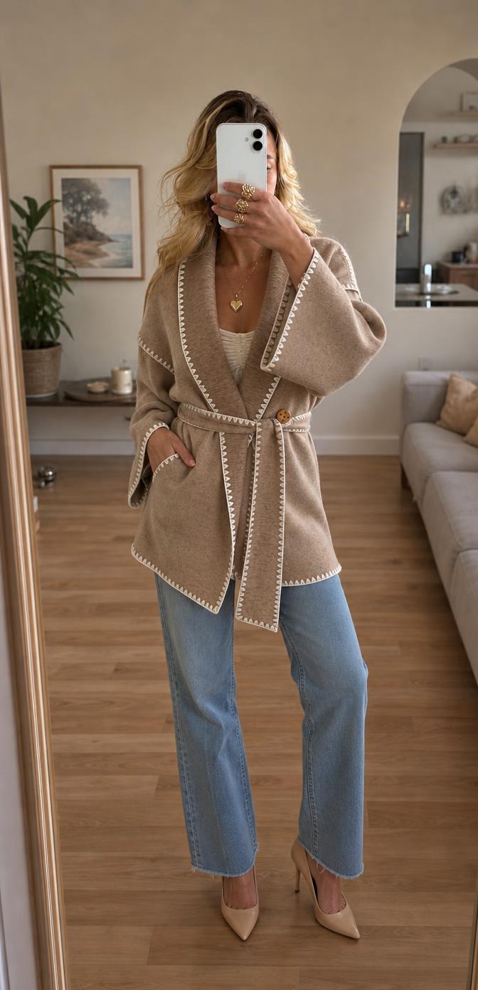 Reclaimed Vintage Taupe Wrap Coat with Contrast Trim New