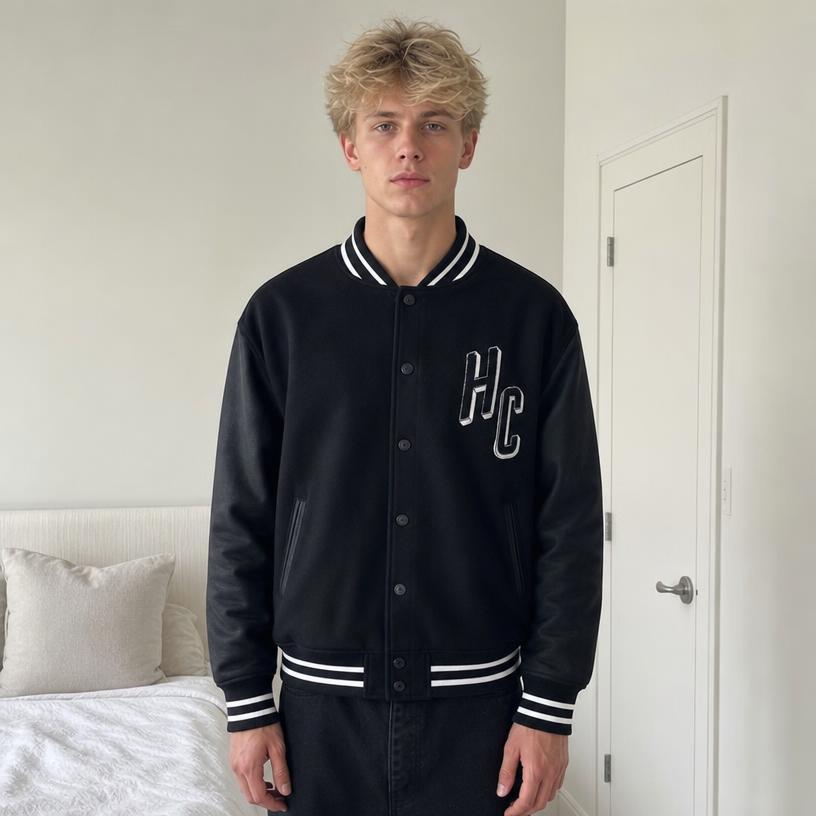 Black Varsity Bomber Jacket with Striped Trim