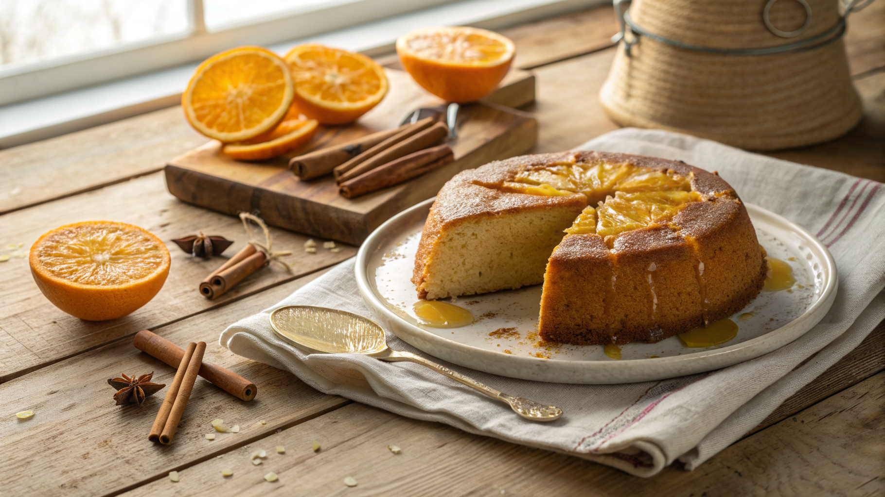Golden Tunisian orange cake sliced on a rustic wooden table, garnished with orange slices and cinnamon