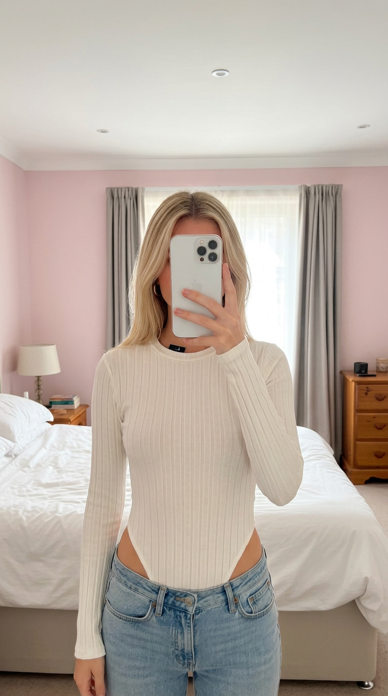 Ivory Ribbed Long Sleeve Bodysuit Size L – Very Good