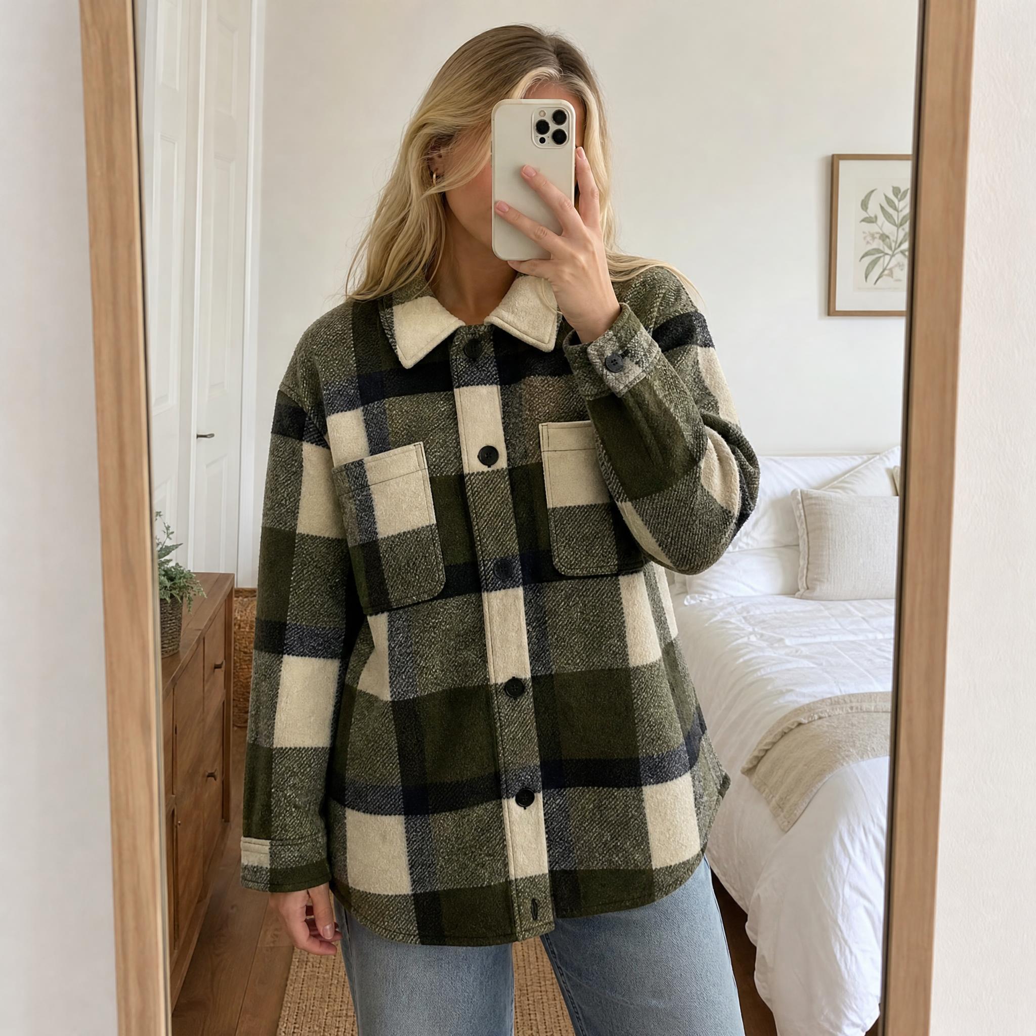 Patchwork checked shacket jacket in olive, grey & cream