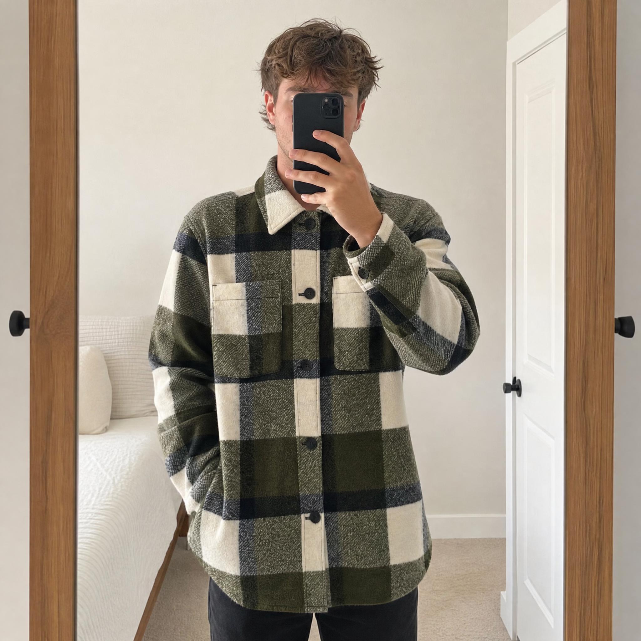 Patchwork checked overshirt jacket in olive, cream & grey