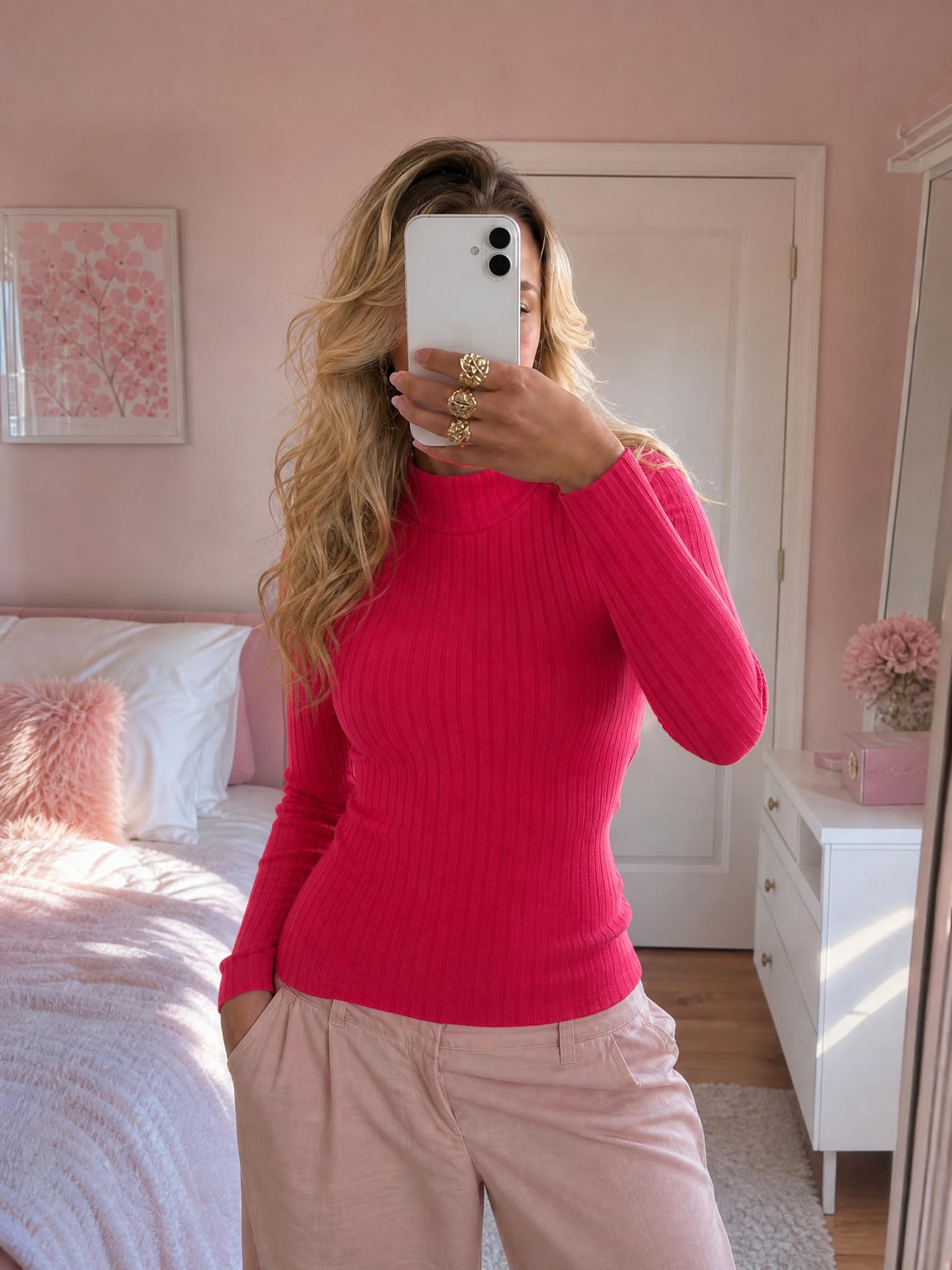 Raspberry Ribbed Mock Neck Long Sleeve Top – Very Good