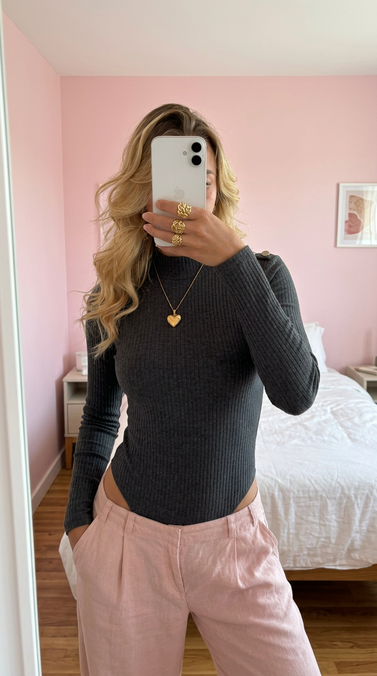 Charcoal Ribbed Long Sleeve Bodysuit with Shoulder Buttons