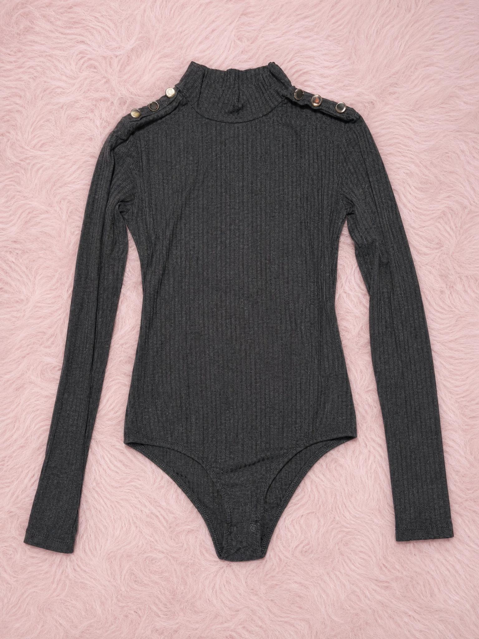 Charcoal Ribbed Mock Neck Bodysuit with Shoulder Buttons
