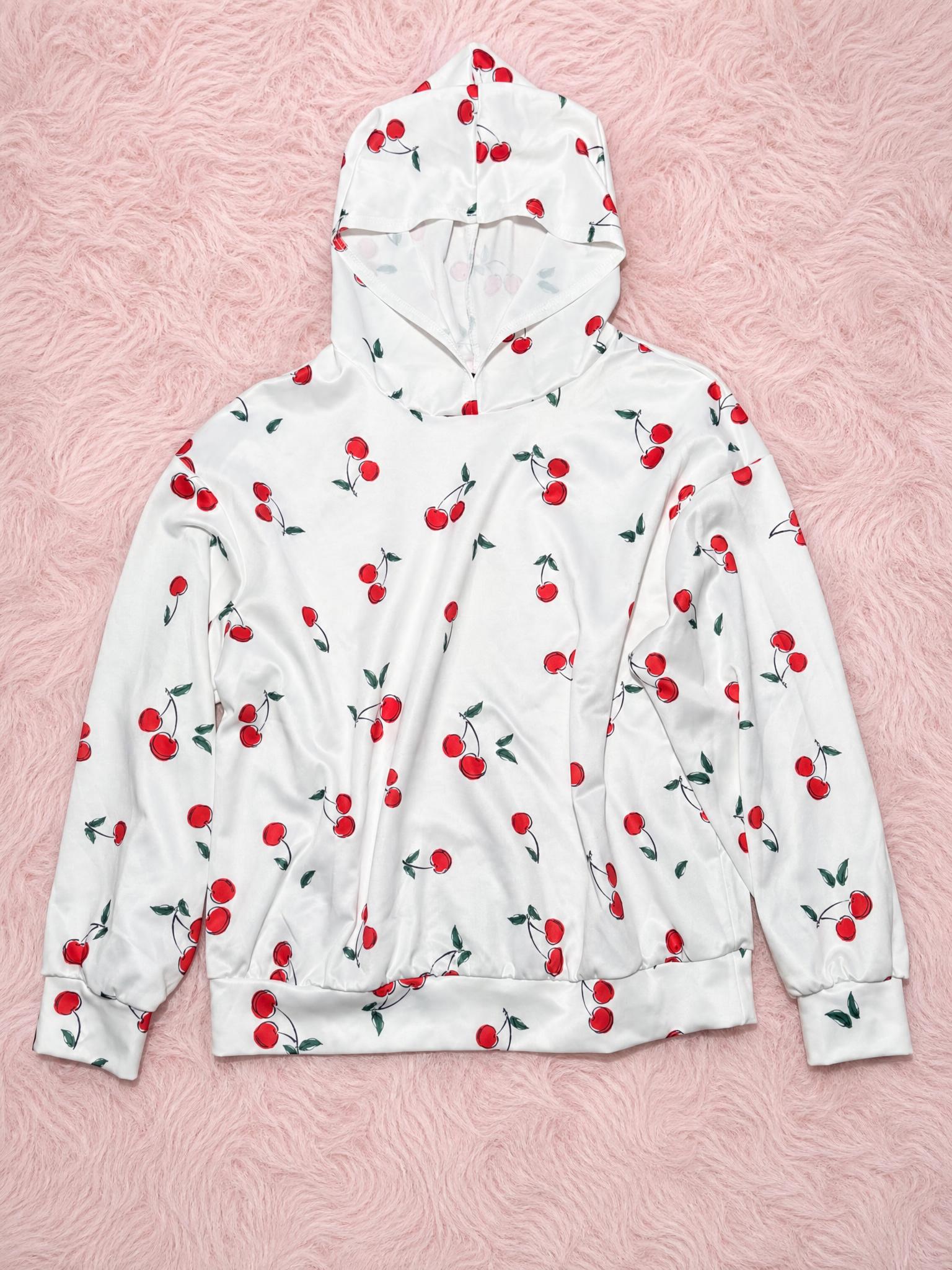 Cherry Print Hoodie White Satin-Look Long Sleeve Very Good