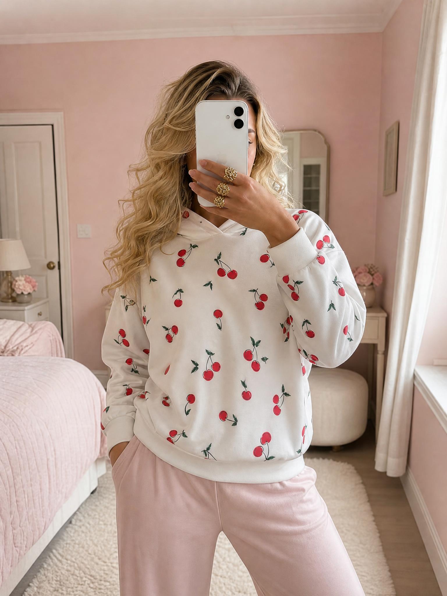 Cherry Print Satin-Look Hooded Sweatshirt - Very Good