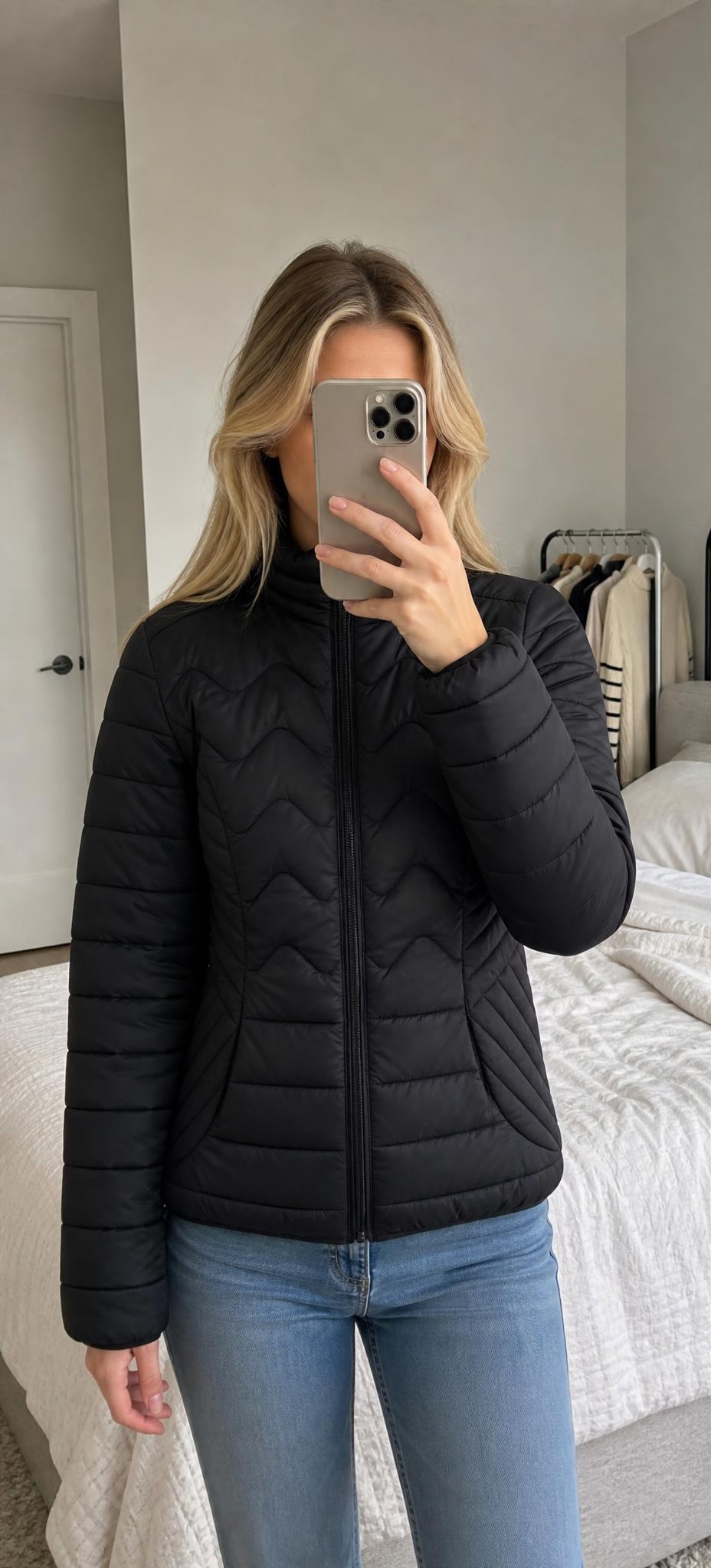 Black Quilted Puffer Jacket with High Collar – Very Good
