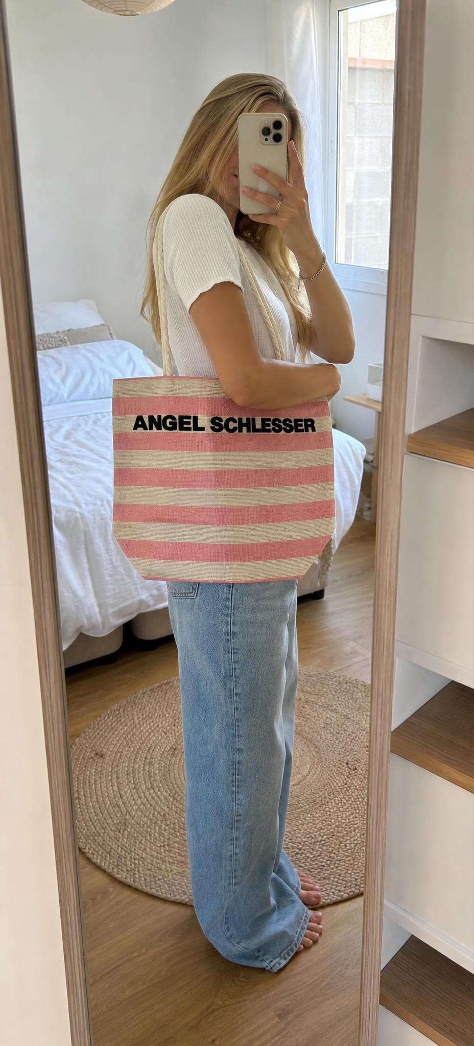 Angel Schlesser striped woven tote bag in beige and coral