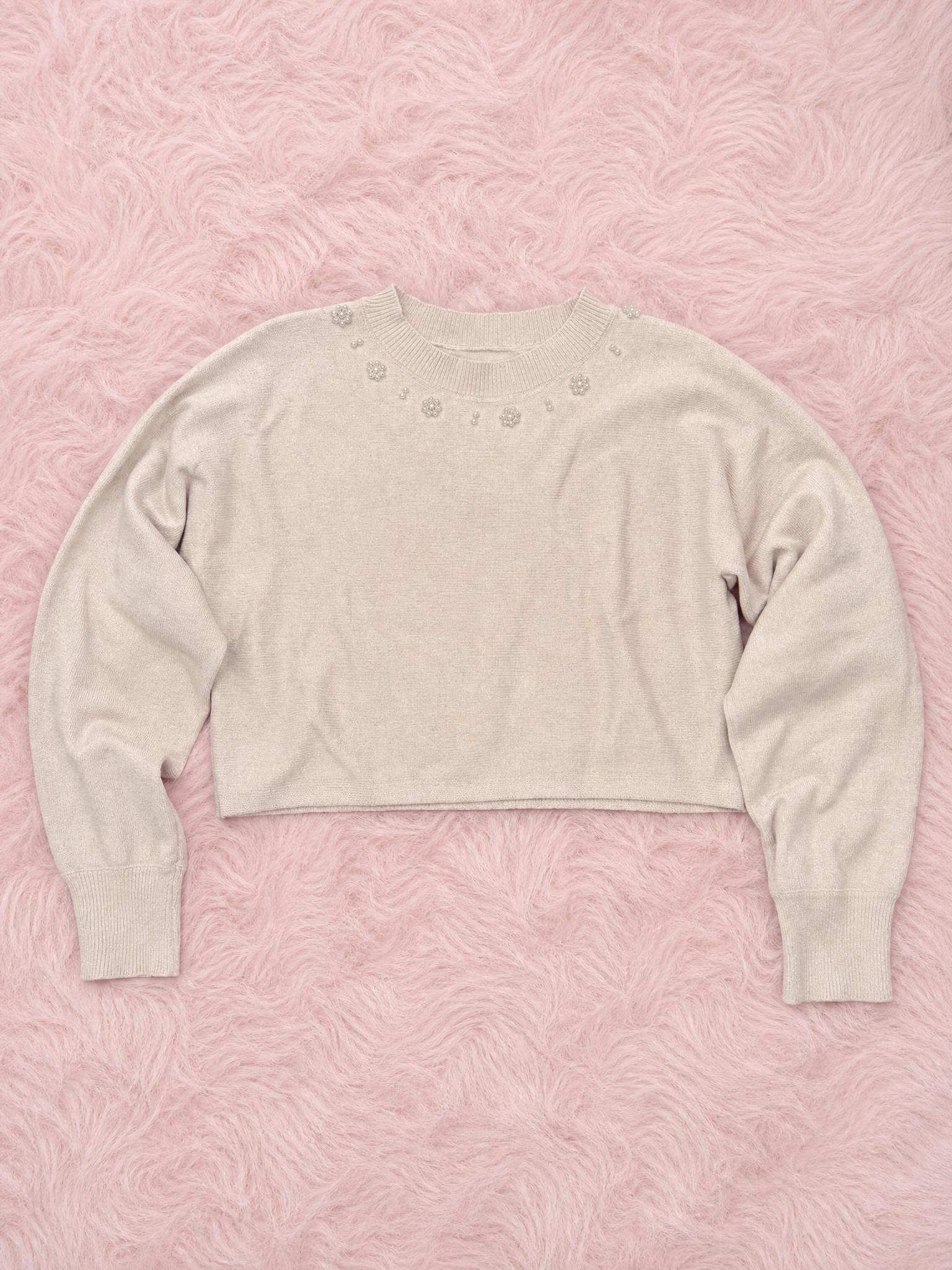 Embellished Beige Cropped Knit Sweater with Beaded Neckline