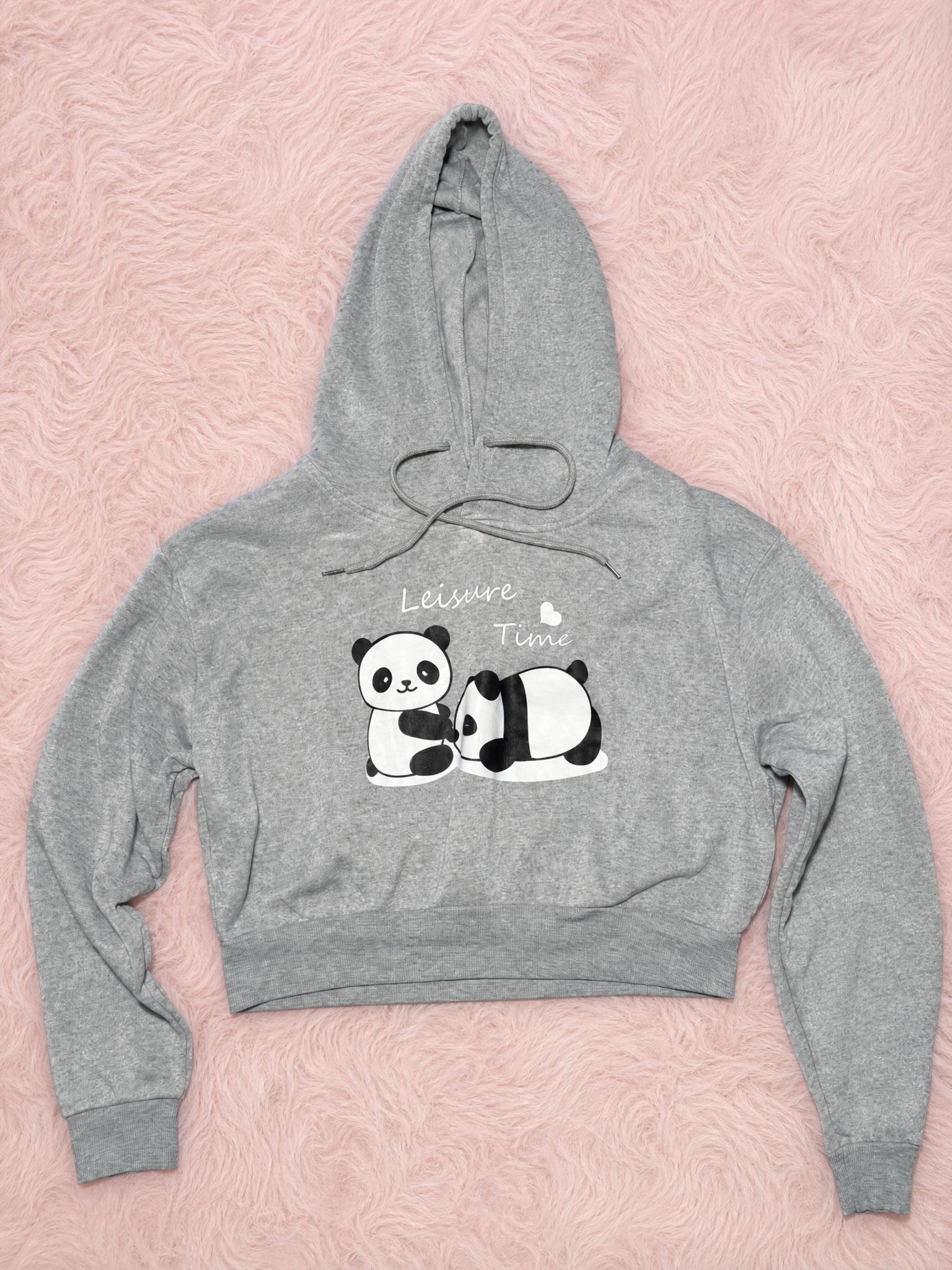 Grey Cropped Panda Graphic Hoodie with Drawstring Hood