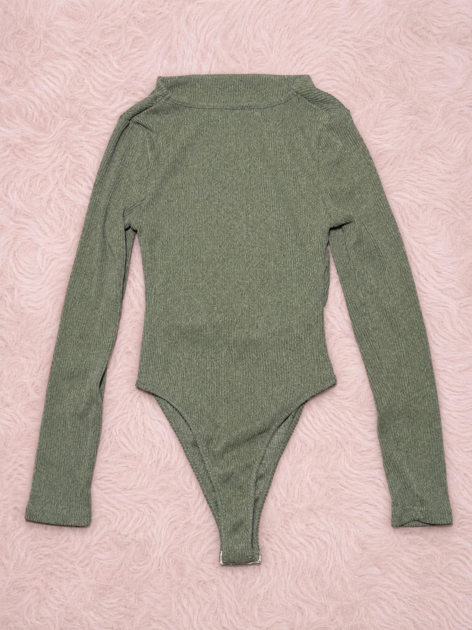 Olive Green Ribbed Long Sleeve High Neck Bodysuit