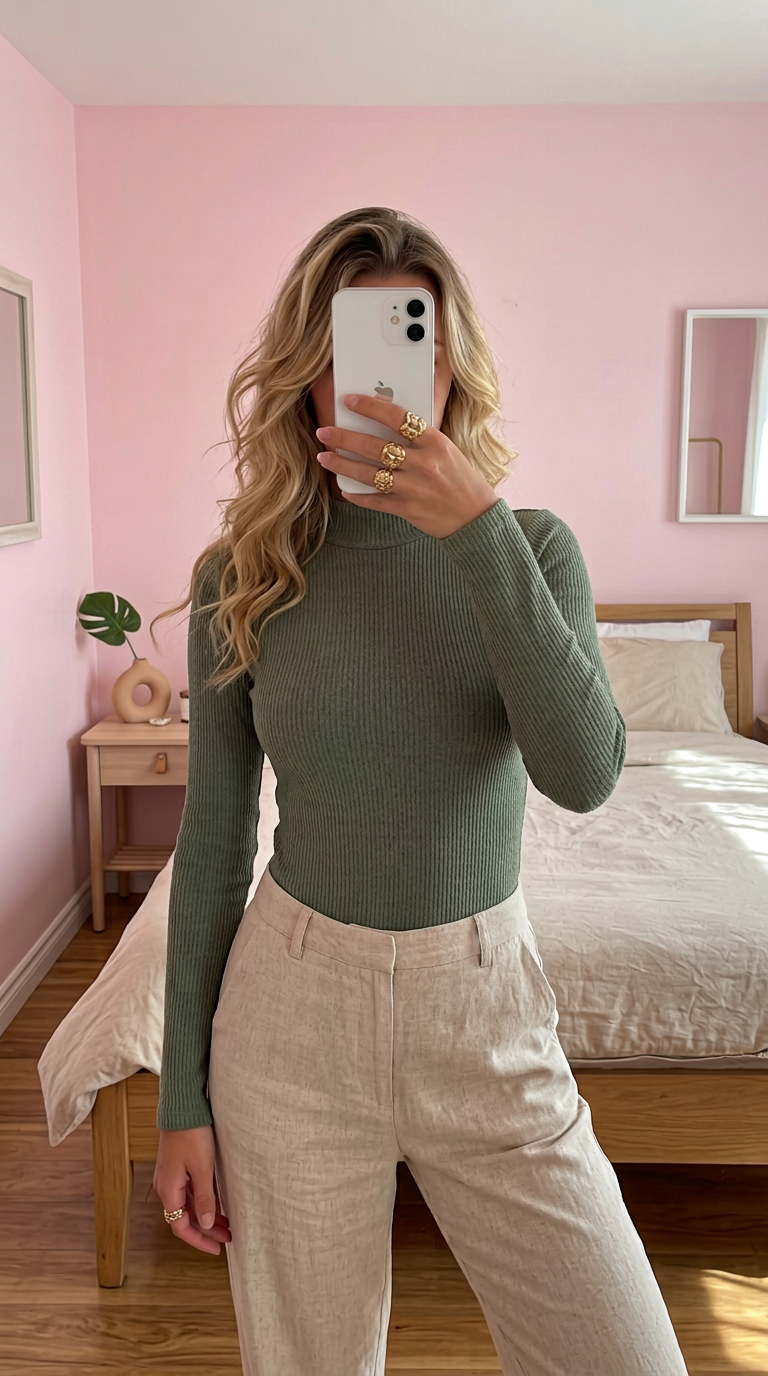 Olive Green Ribbed Long Sleeve High Neck Bodysuit
