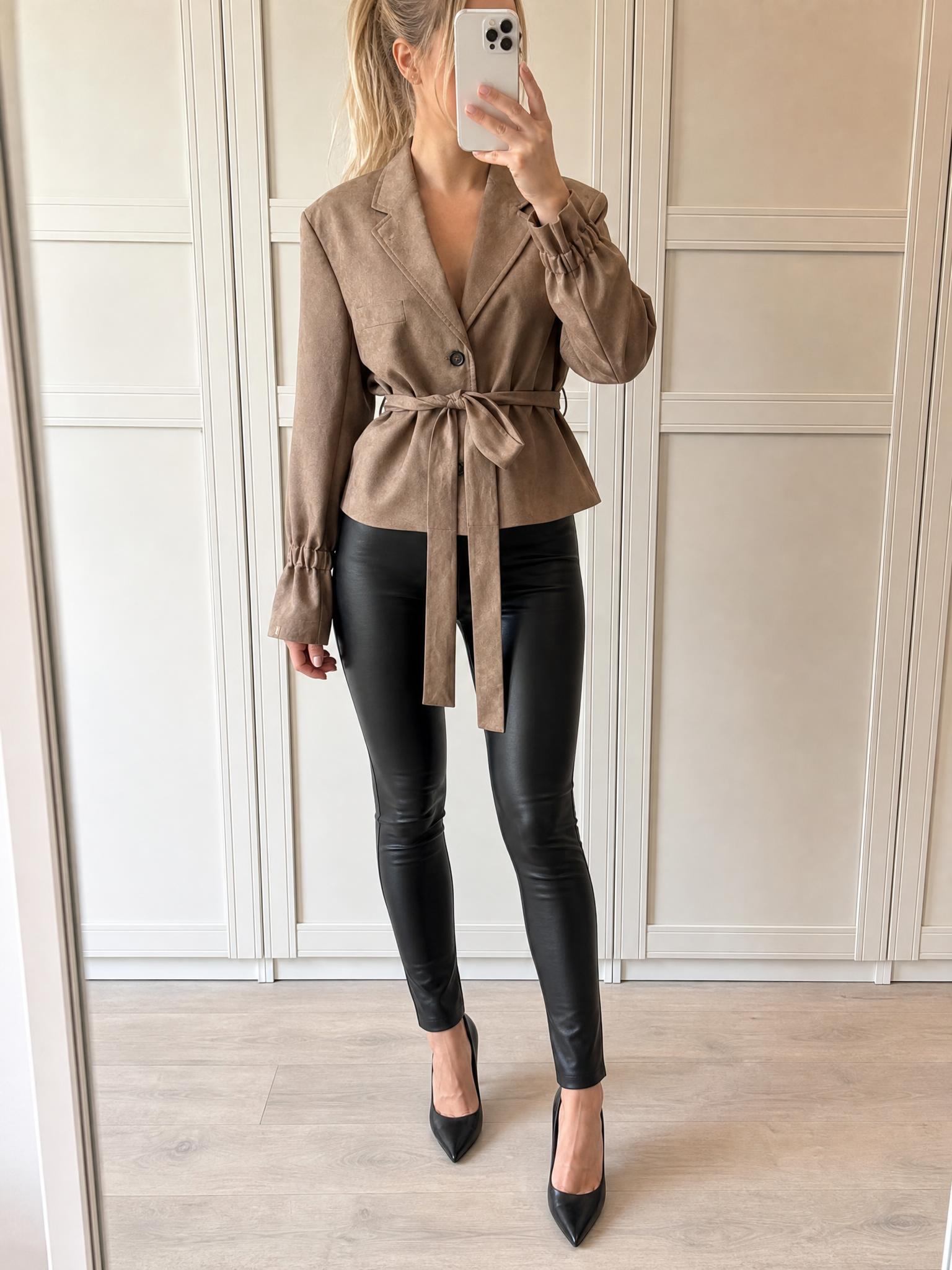 Taupe Belted Cropped Blazer Jacket with Gathered Cuffs
