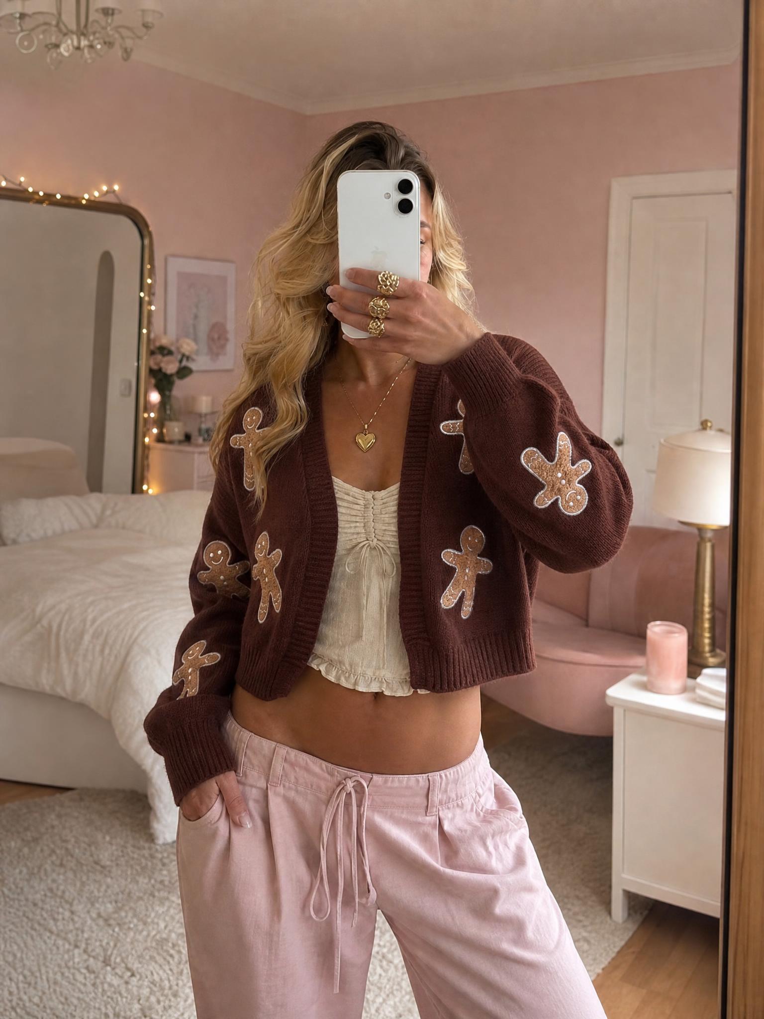 Brown Gingerbread Cropped Cardigan with Appliqué Details