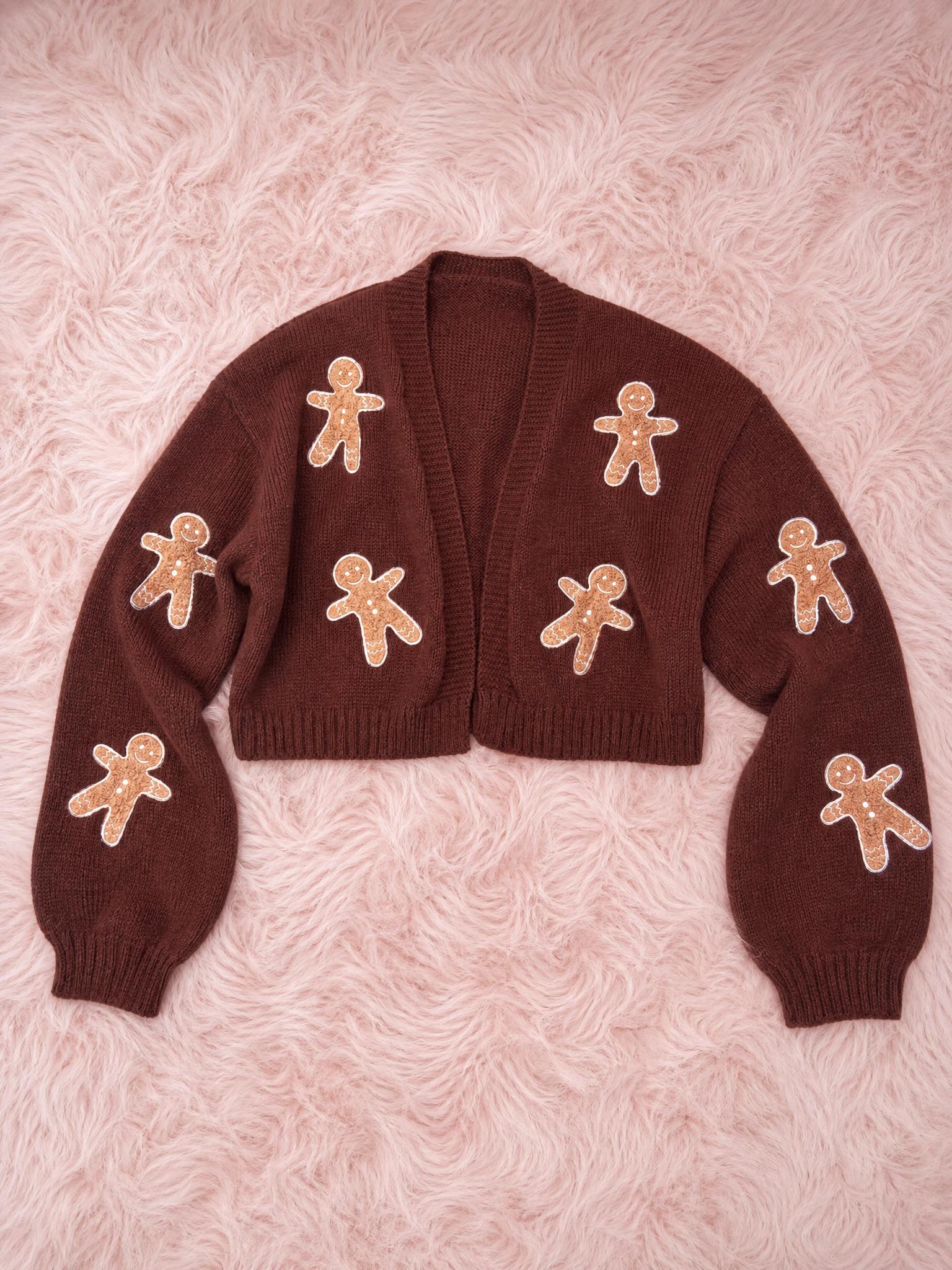 Brown Gingerbread Man Knit Cardigan – Cropped Christmas Jumper