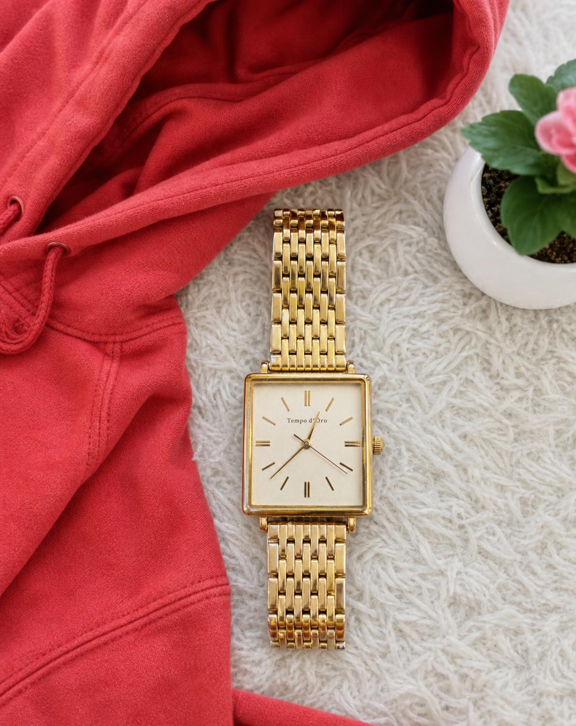 Tempo di Pro Gold Rectangular Watch with Link Bracelet