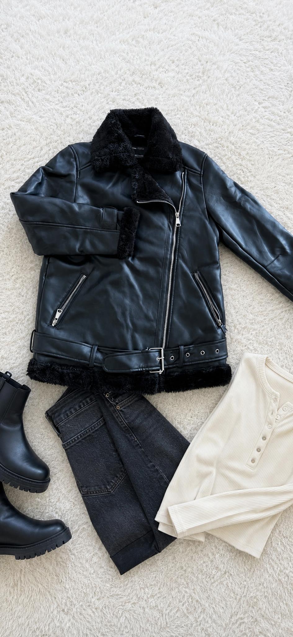 Black Faux Leather Aviator Jacket with Shearling Trim