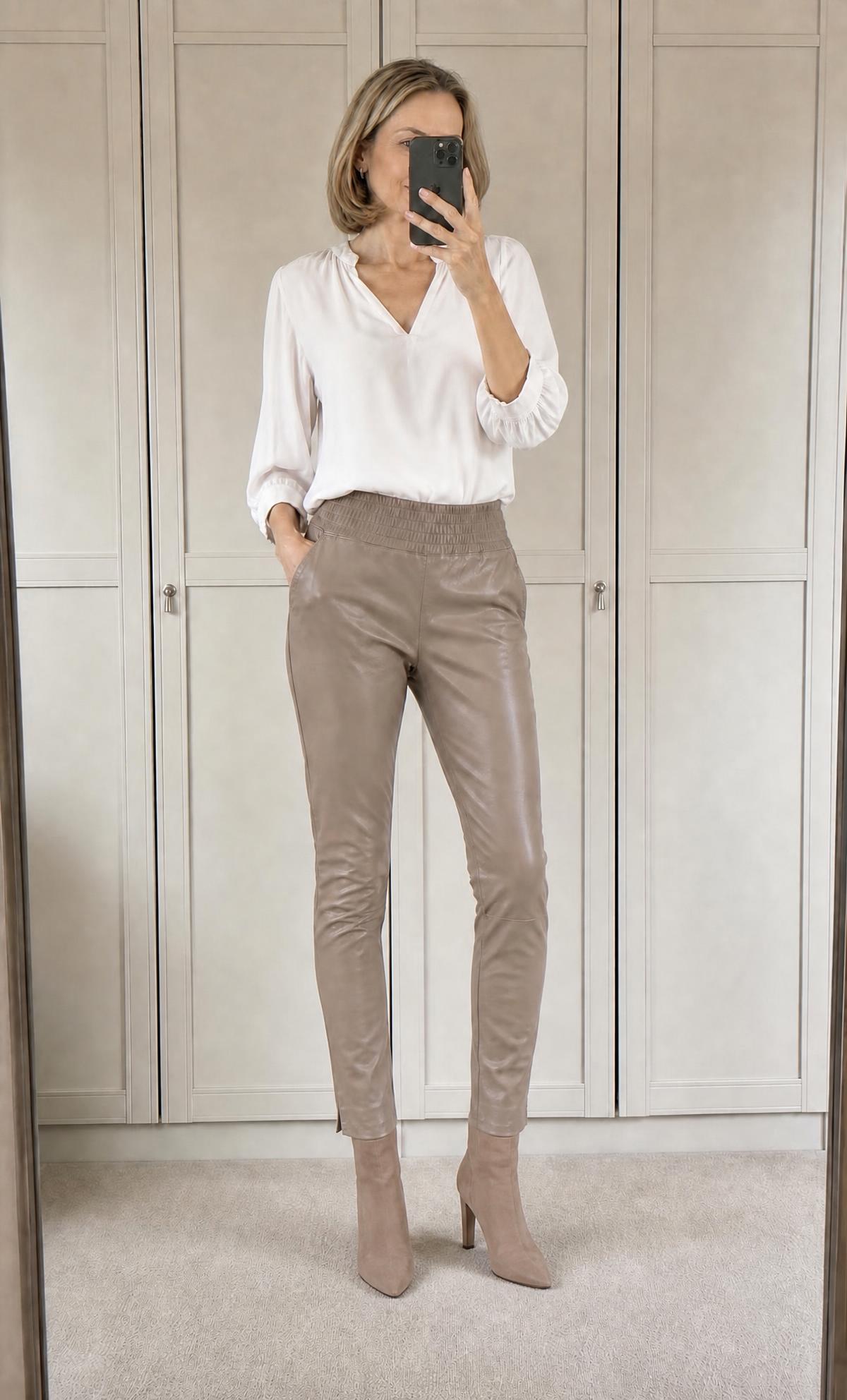 Taupe faux leather trousers high-waisted tapered fit
