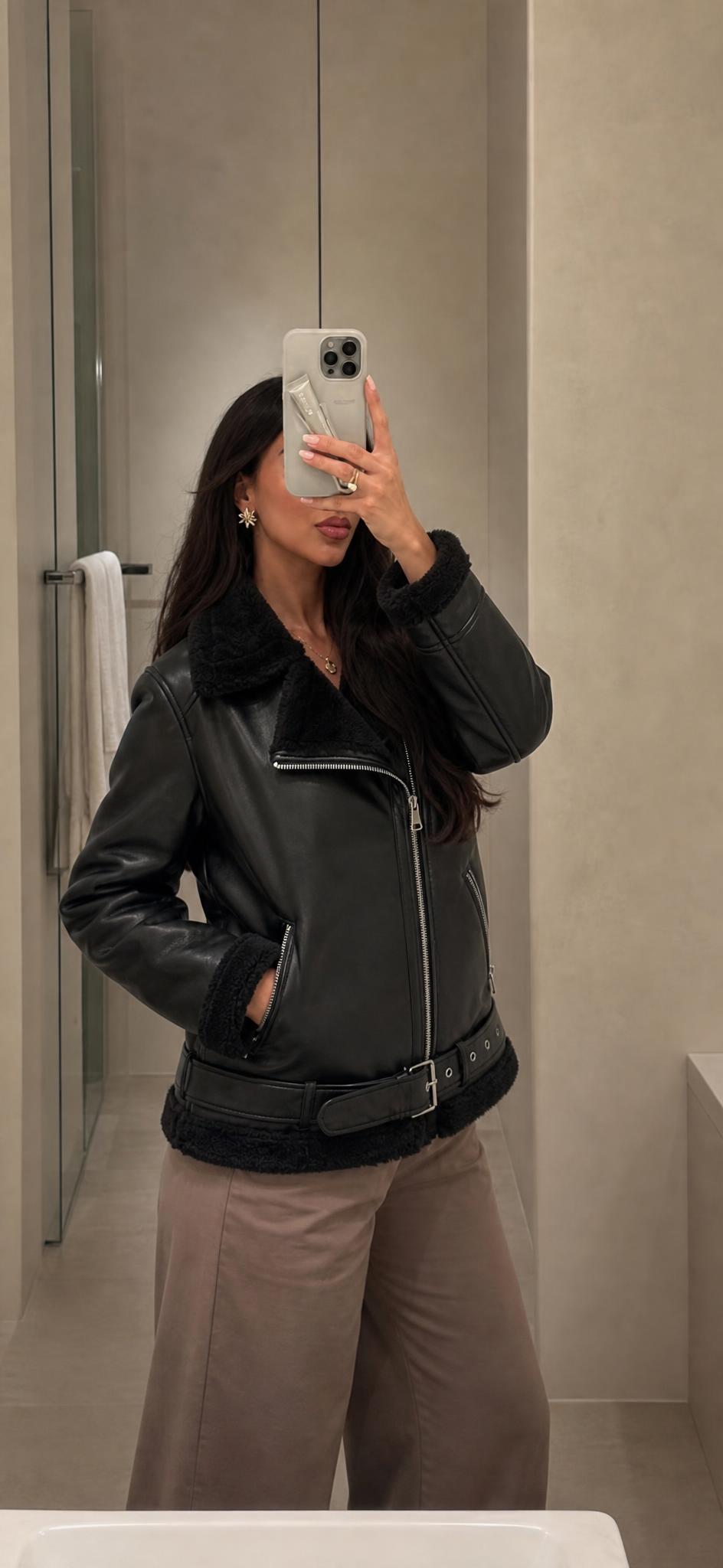 Black Faux Leather Aviator Jacket with Shearling Trim