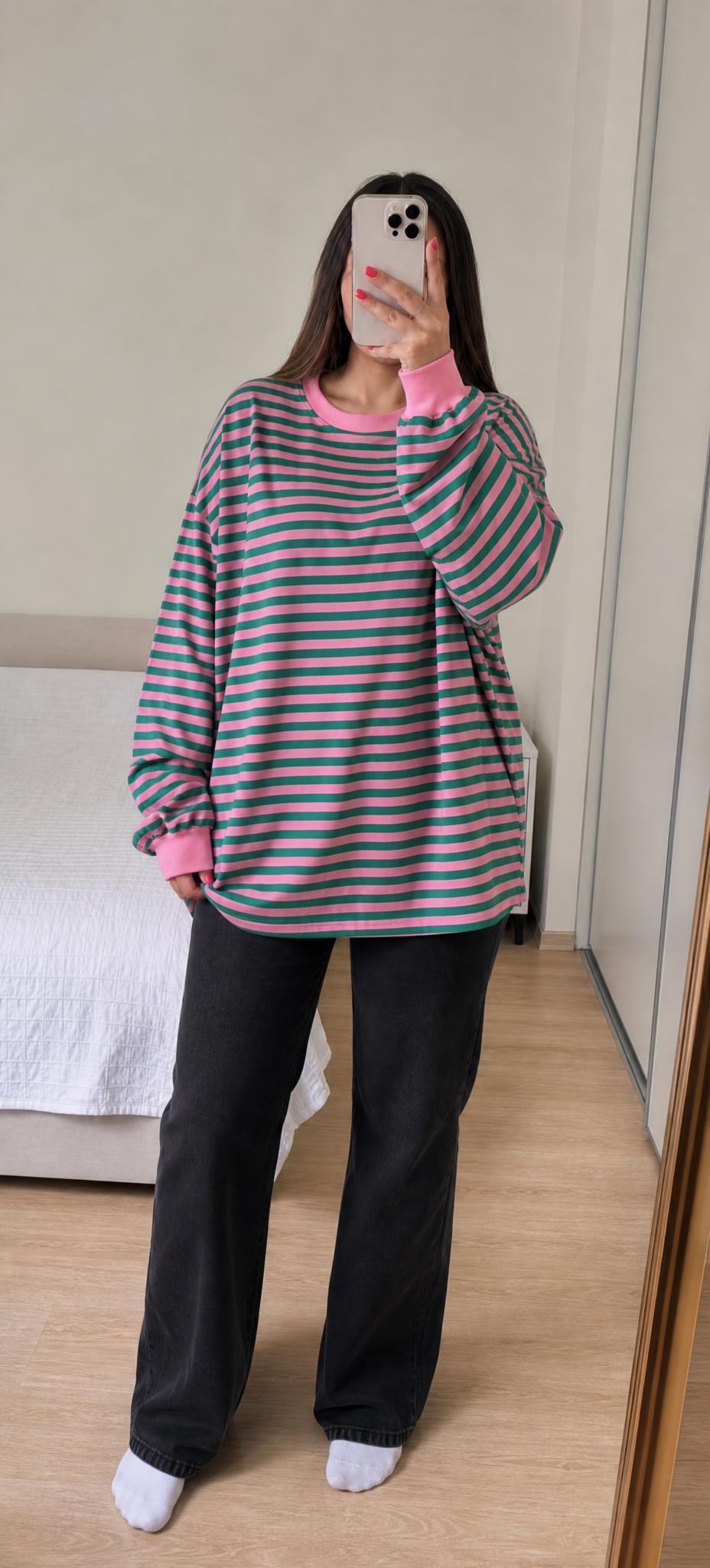 Pink & Green Striped Long Sleeve Oversized Top – Very Good