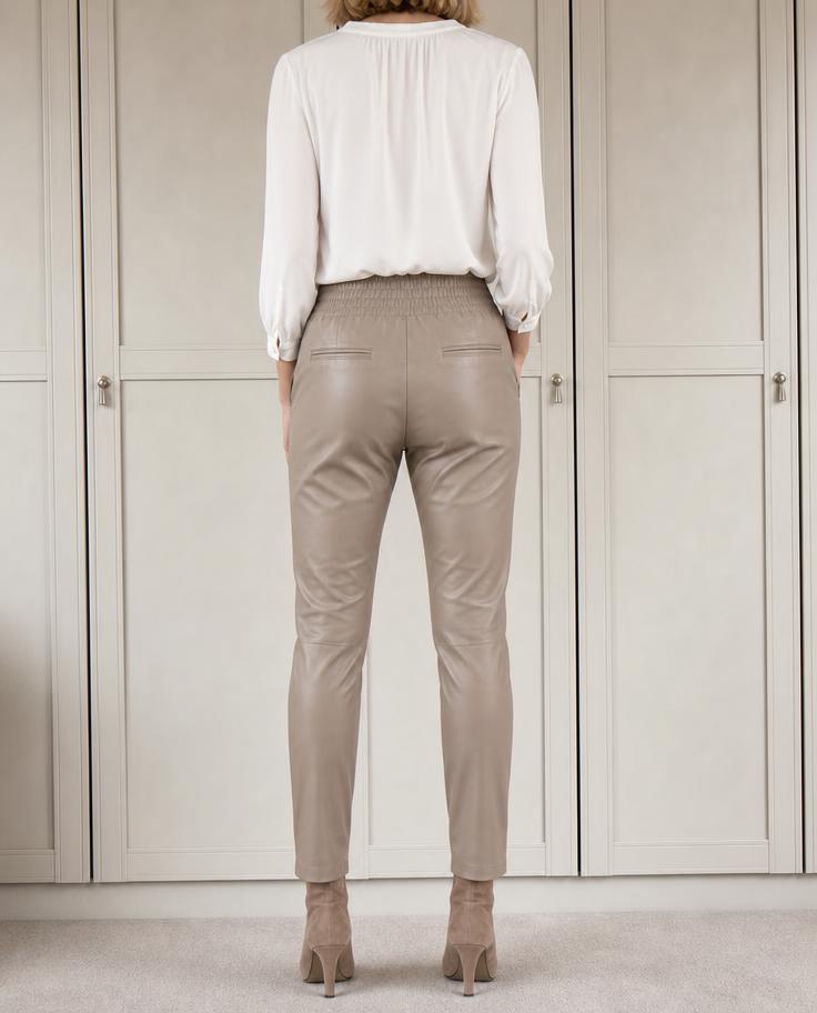 Taupe faux leather high-waisted straight-leg trousers