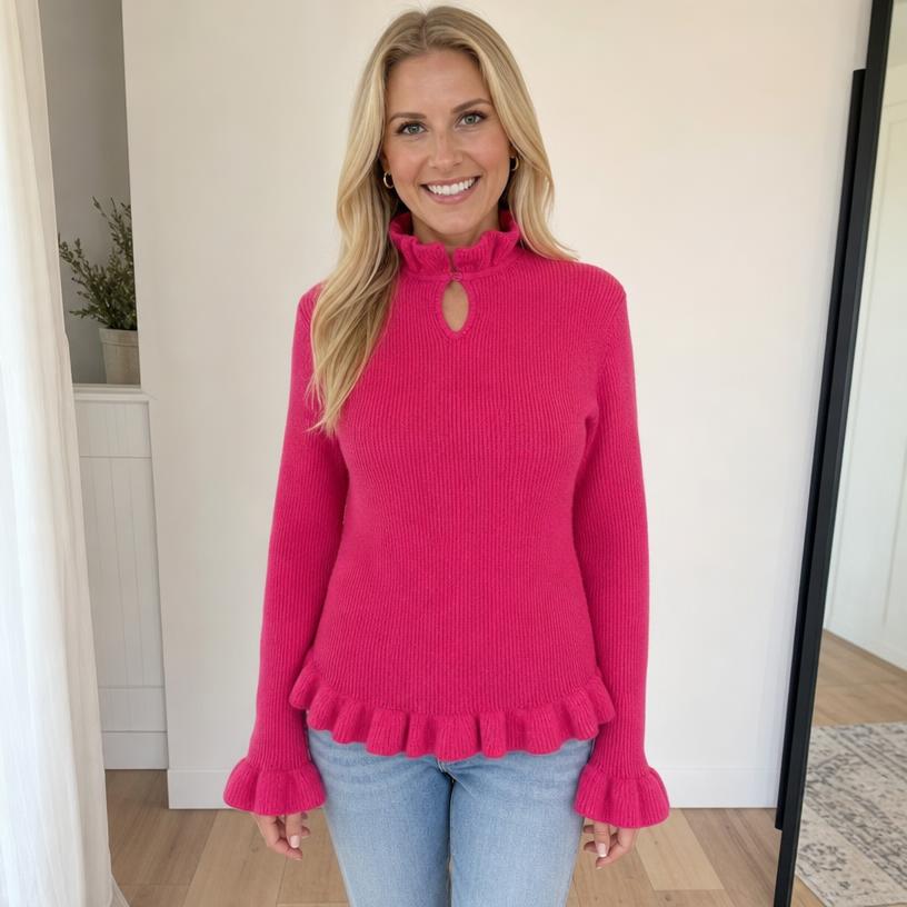 Fuchsia Pink Ribbed Knit Jumper with Ruffle Details