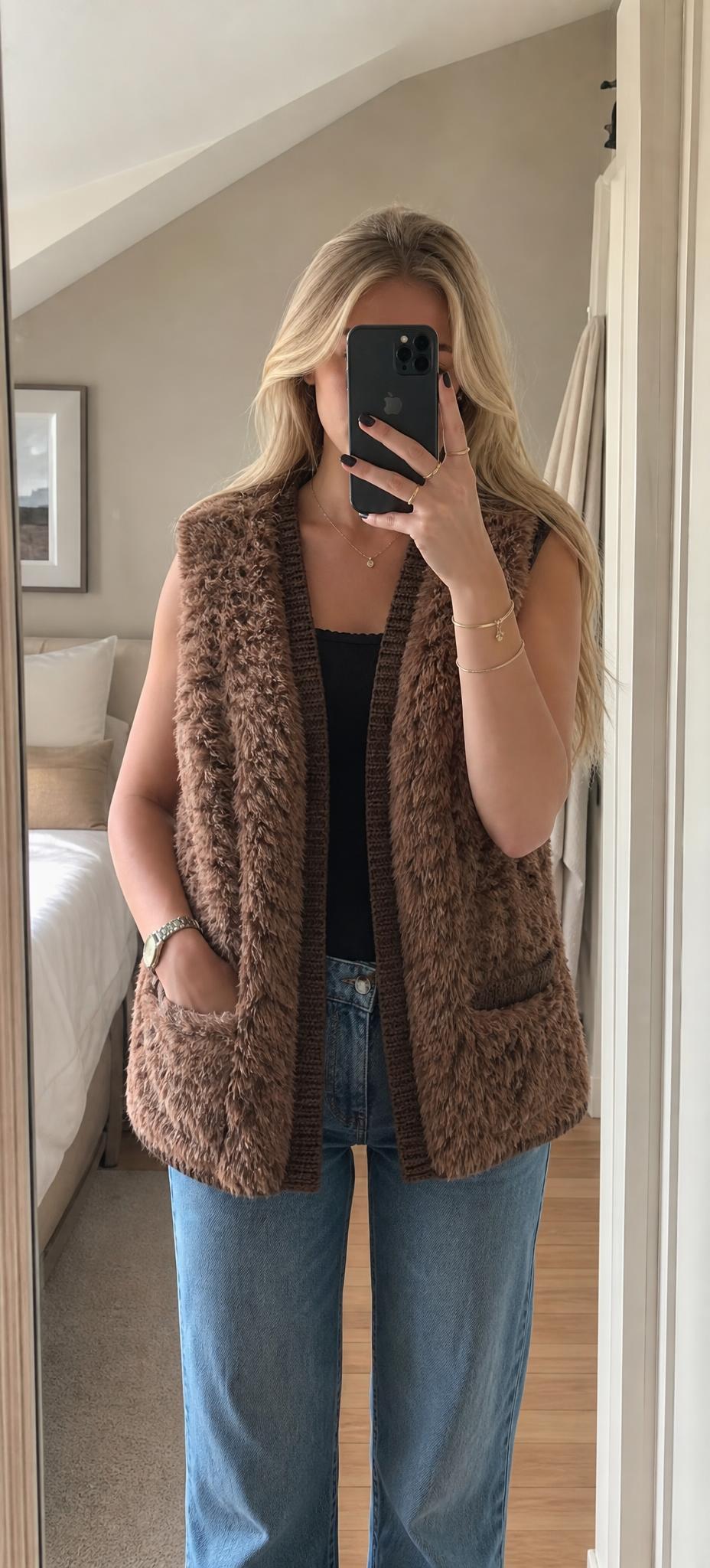 Taupe Faux Fur Knitted Gilet Vest with Pockets