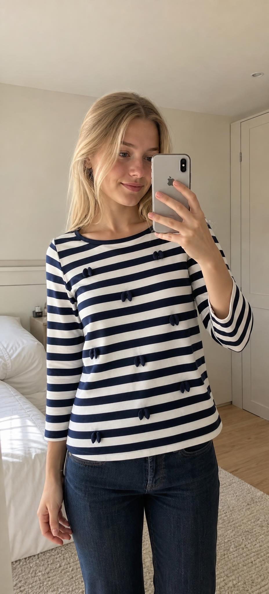 Striped navy and cream bow detail top, size 22, very good