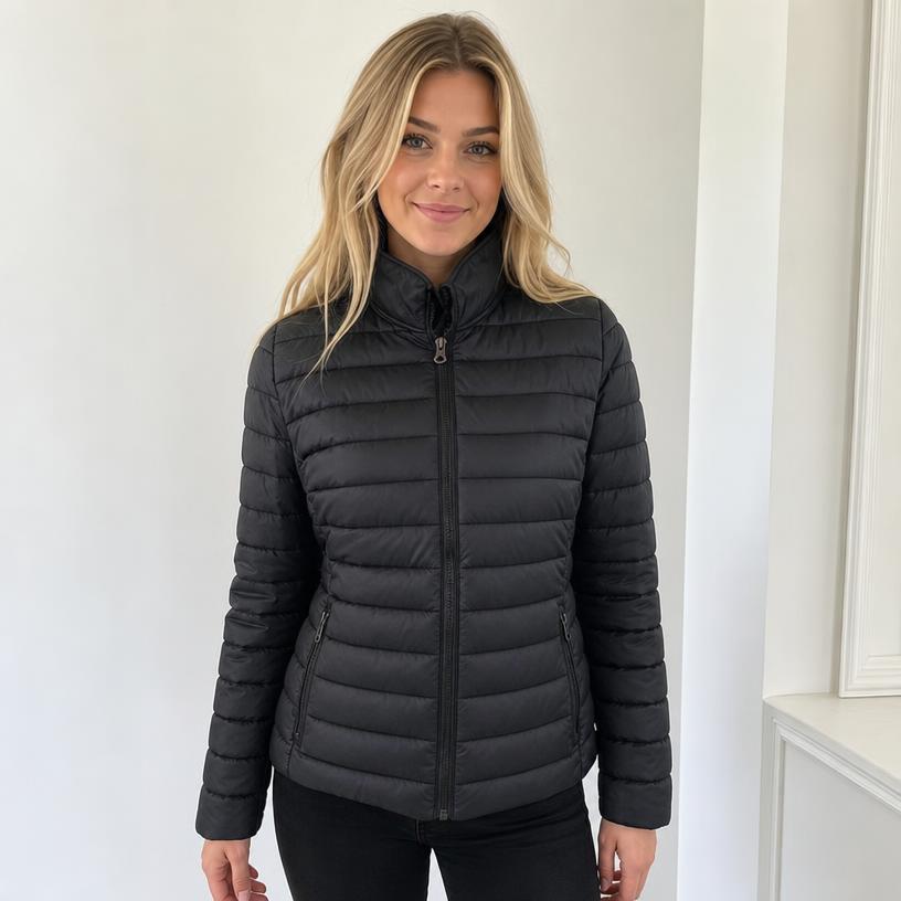 Black Quilted Puffer Jacket with High Collar – Very Good