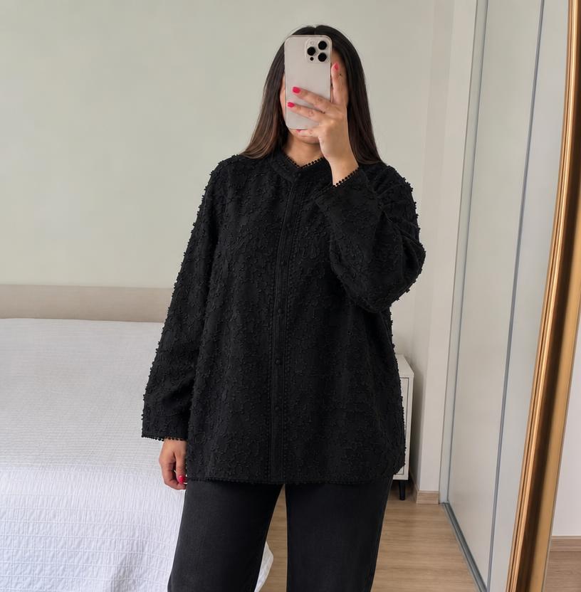 Black Textured Floral Zip-Up Jacket with High Neck