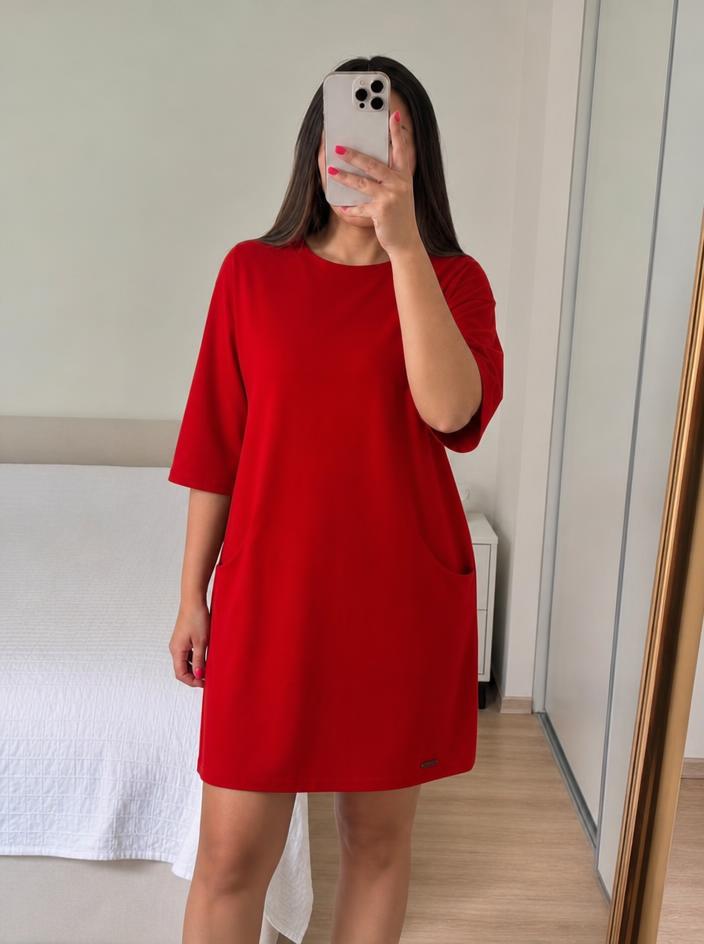 Red Shift Dress with 3/4 Sleeves and Side Pockets