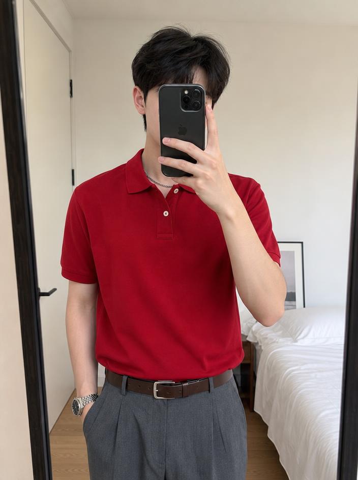 Red Short Sleeve Polo Shirt with Two-Button Collar